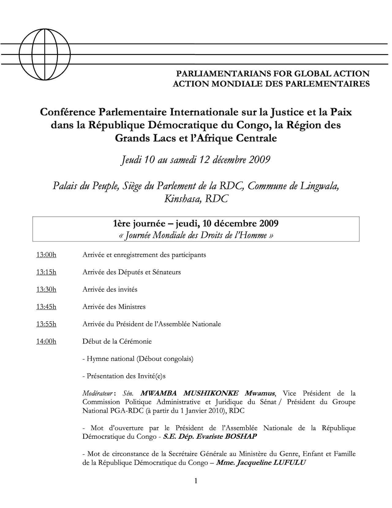 Agenda: Conférence Parlementaire Internationale sur la Justice et la Paix dans la République Démocratique du Congo, la Région des Grands Lacs et l’Afrique Centrale