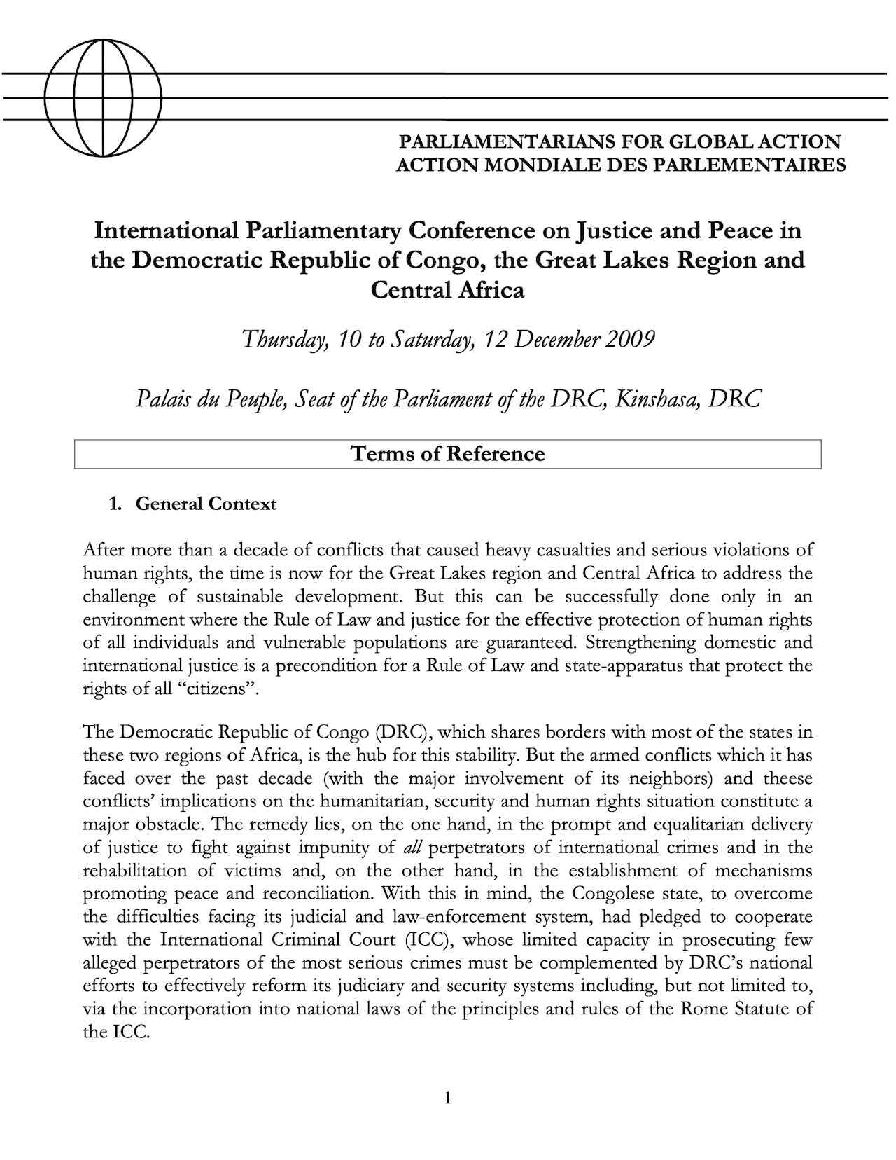 Terms of Reference: International Parliamentary Conference on Justice and Peace in DRC