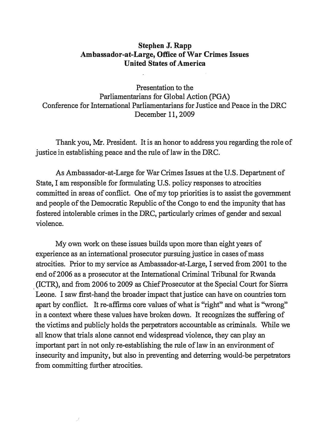 Speech by Ambassador Stephen Rapp, US Ambassador-at-large for war crimes issues
