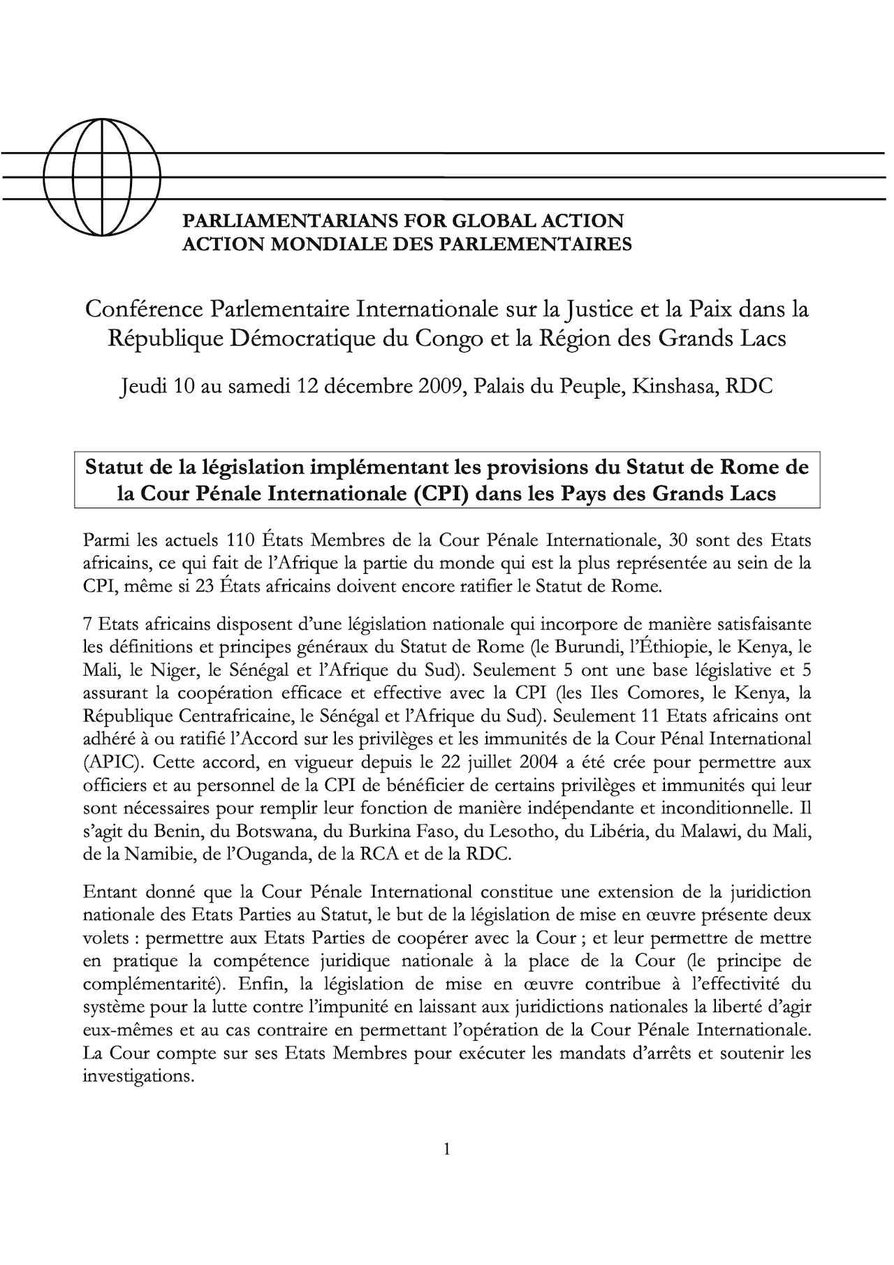 Statut de la législation implémentant les provisions du Statut de Rome de la Cour Pénale Internationale (CPI) dans les Pays des Grands Lacs
