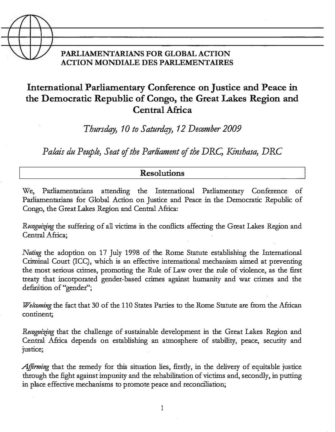 Resolutions: Intemational Parliamentary Conference on Justice and Peace in the Democratic Republic of Congo