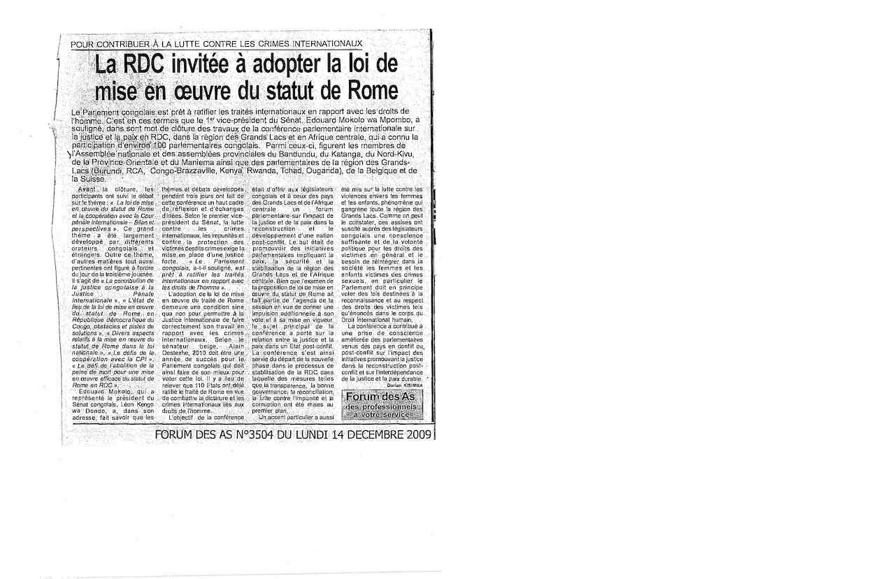 La RDC invitée a adopter la loi de mise en oeuvre du statut de Rome