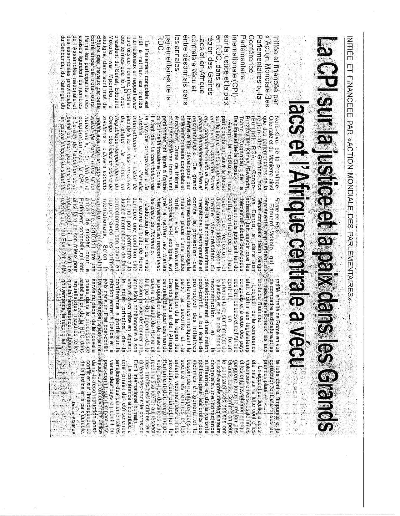 La CPI sur la justice et la paix dans les Grands lacs et l'Afrique centra a vécu