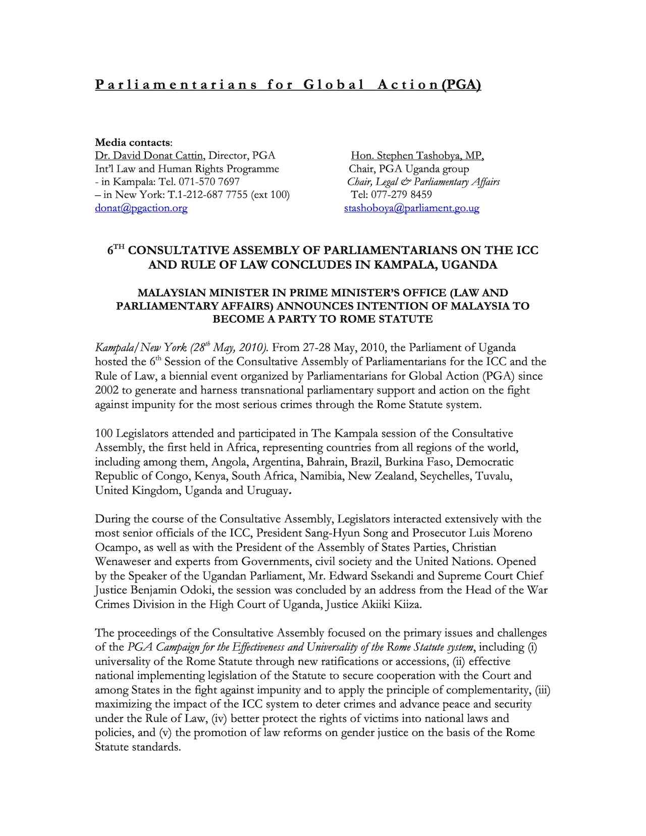 6th Consultative Assembly of Parliamentarians on the ICC and Rule of Law Concludes in Kampala, Uganda