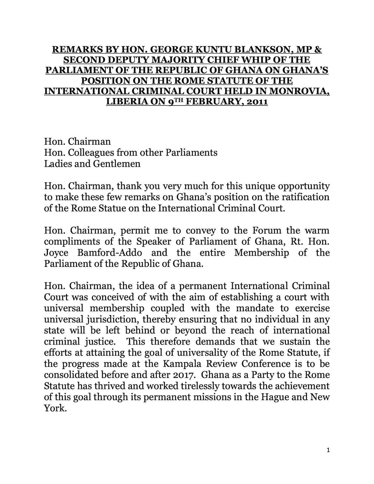 Remarks by Hon. George Kuntu Blankson