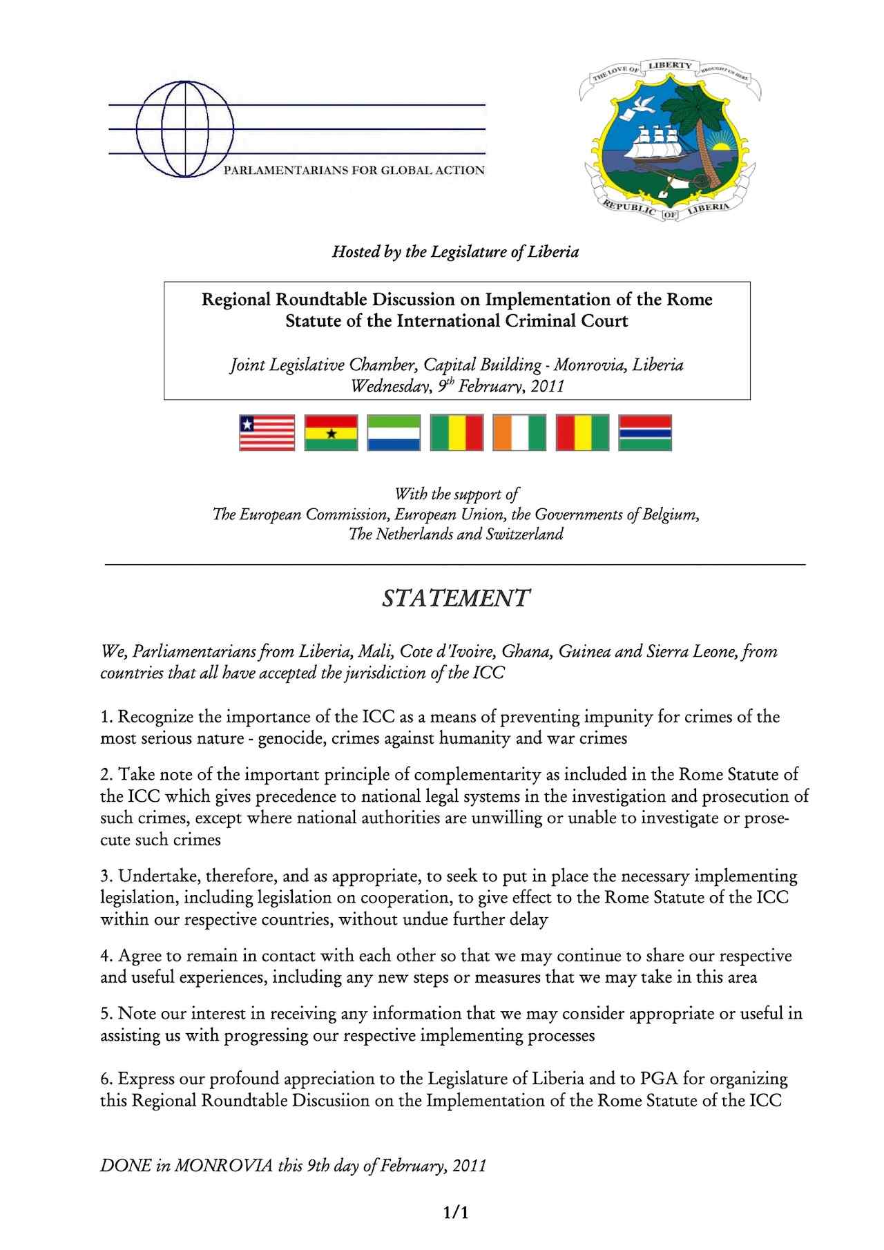 Declaration: Regional Roundtable Discussion on Implementation of the Rome Statute of the International Criminal Court (Feb. 2011)