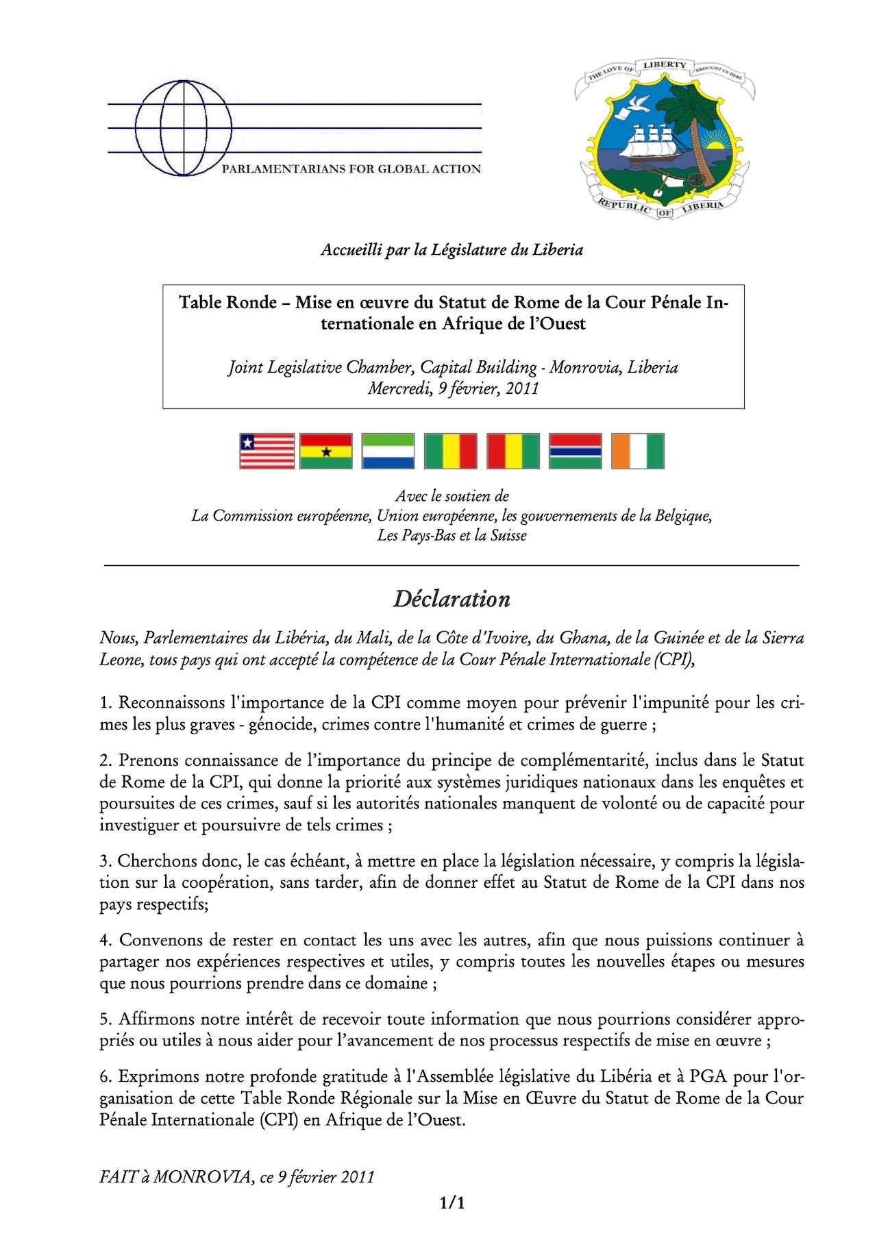 Table Ronde – Mise en oeuvre du Statut de Rome de la Cour Pénale Internationale en Afrique de l’Ouest (feb. 2011)