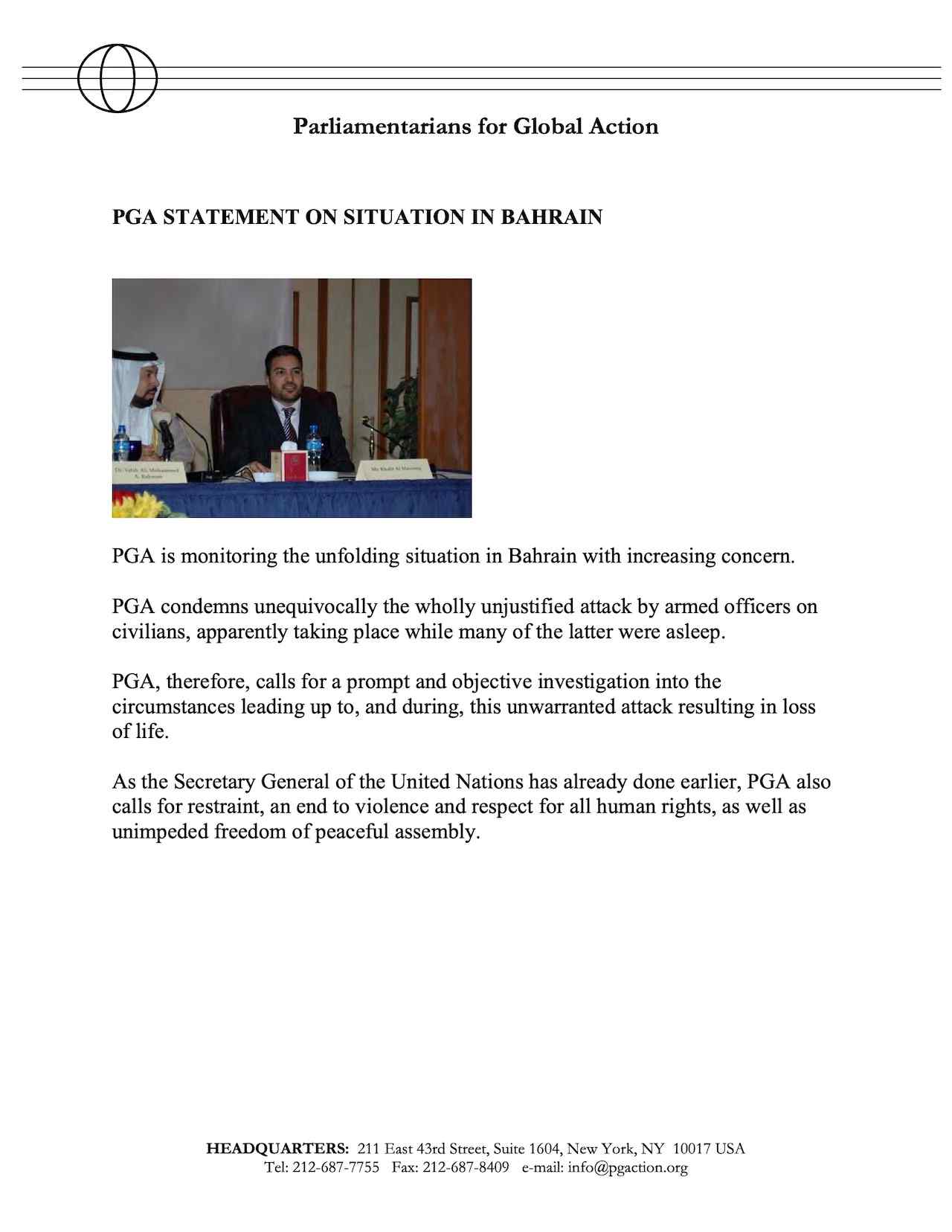 PGA Statement on Situation in Bahrain (17 February 2011)