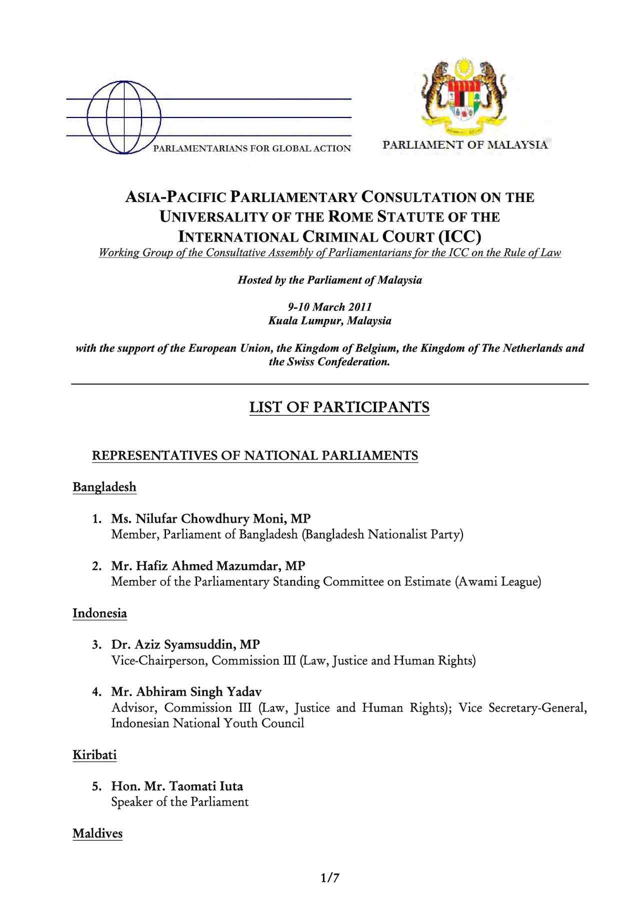 List of Participants: Agenda: Asia-Pacific Parliamentary Consultation on the Universality of the Rome Statute of the International Criminal Court