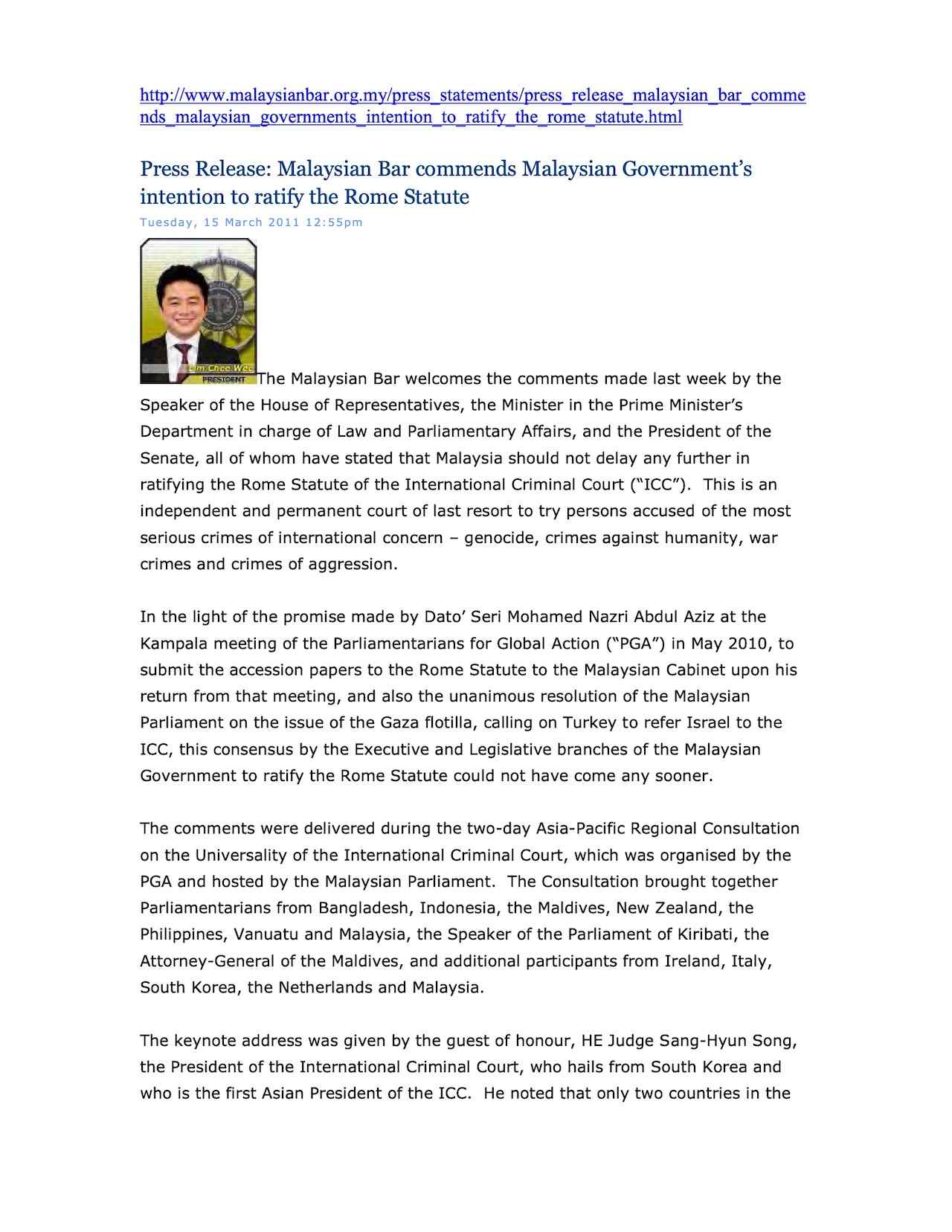 Malaysian Bar commends Malaysian Government’s intention to ratify the Rome Statute