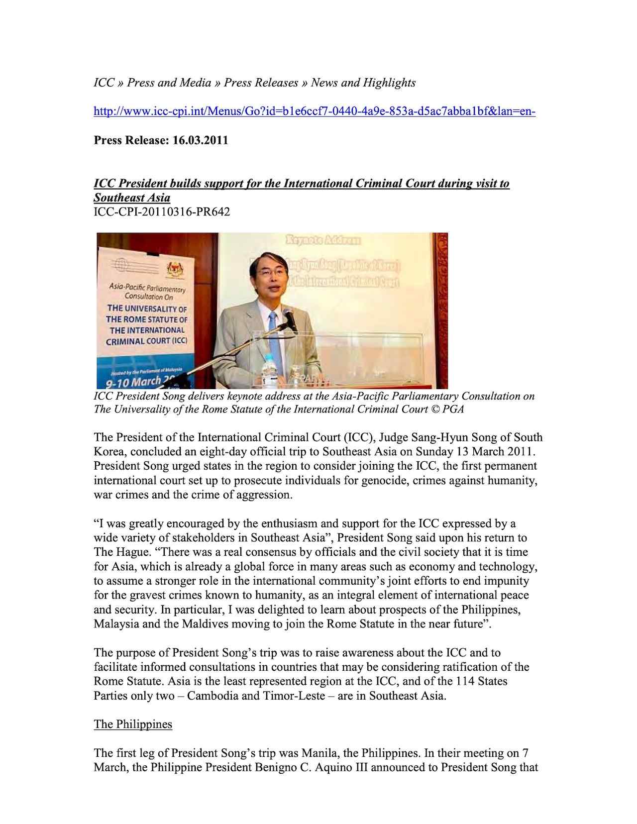 ICC President builds support for the International Criminal Court during visit to Southeast Asia