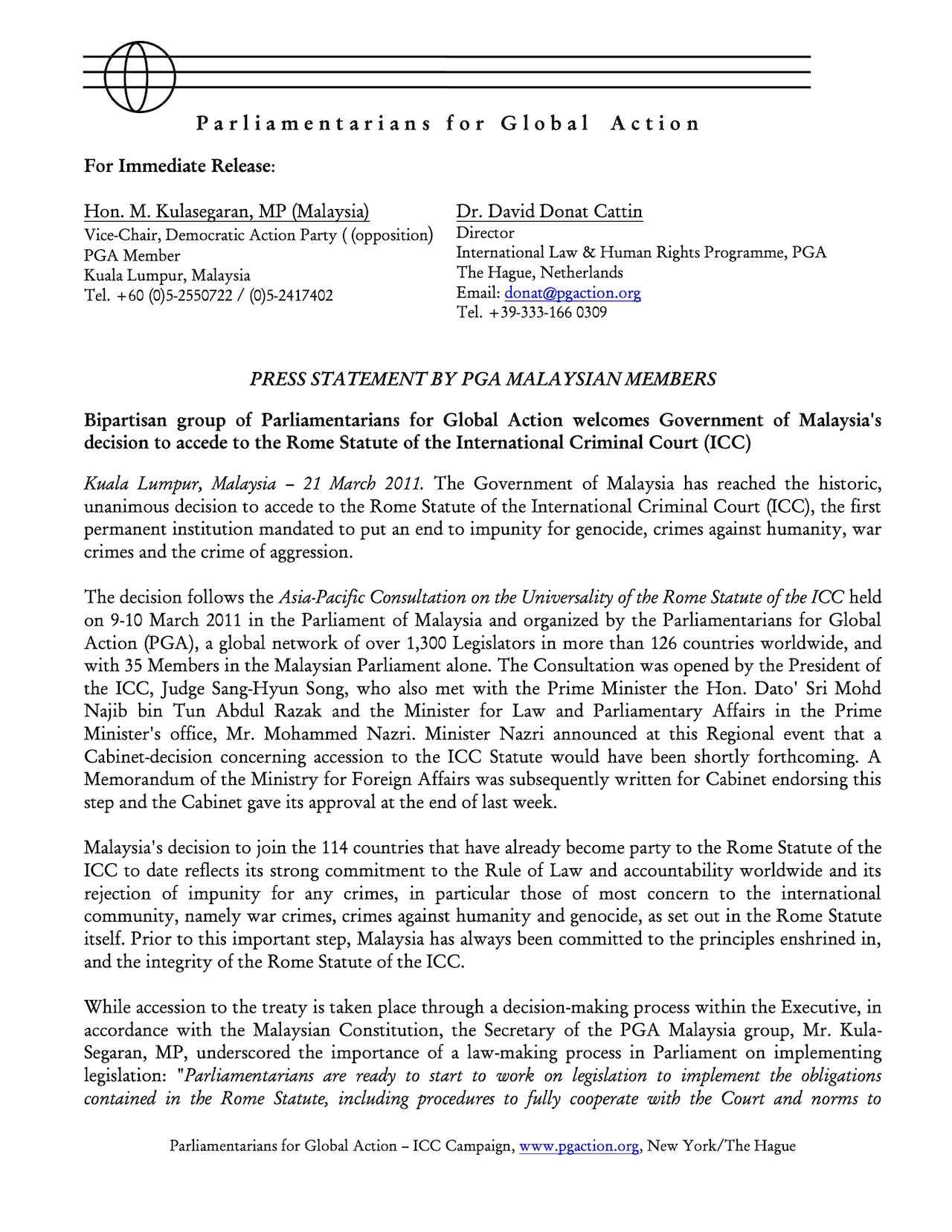 PGA welcomes Government of Malaysia's decision to accede to the Rome Statute of the International Criminal Court (ICC)