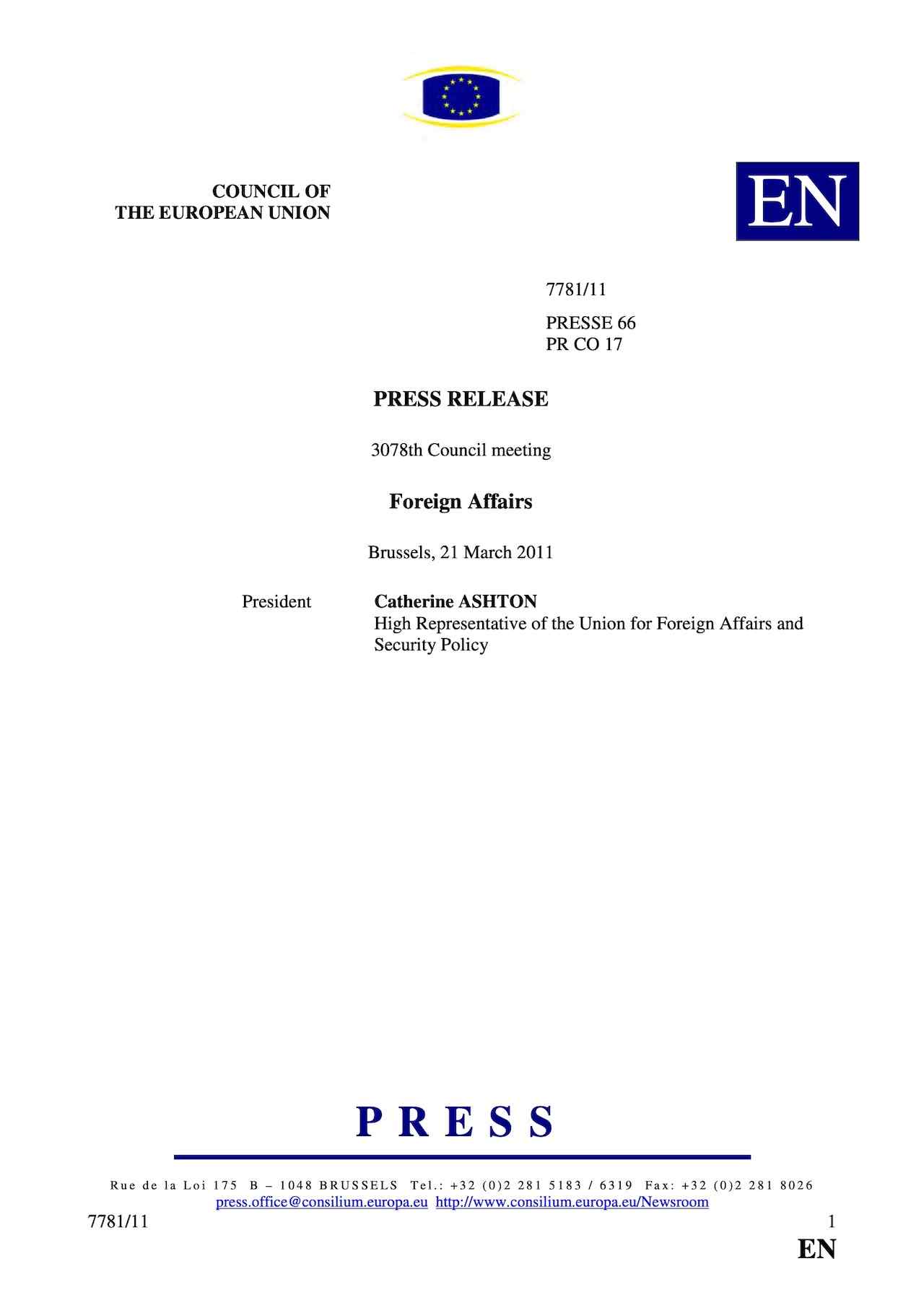 Press Release: Council of the European Union (Mar. 2011)