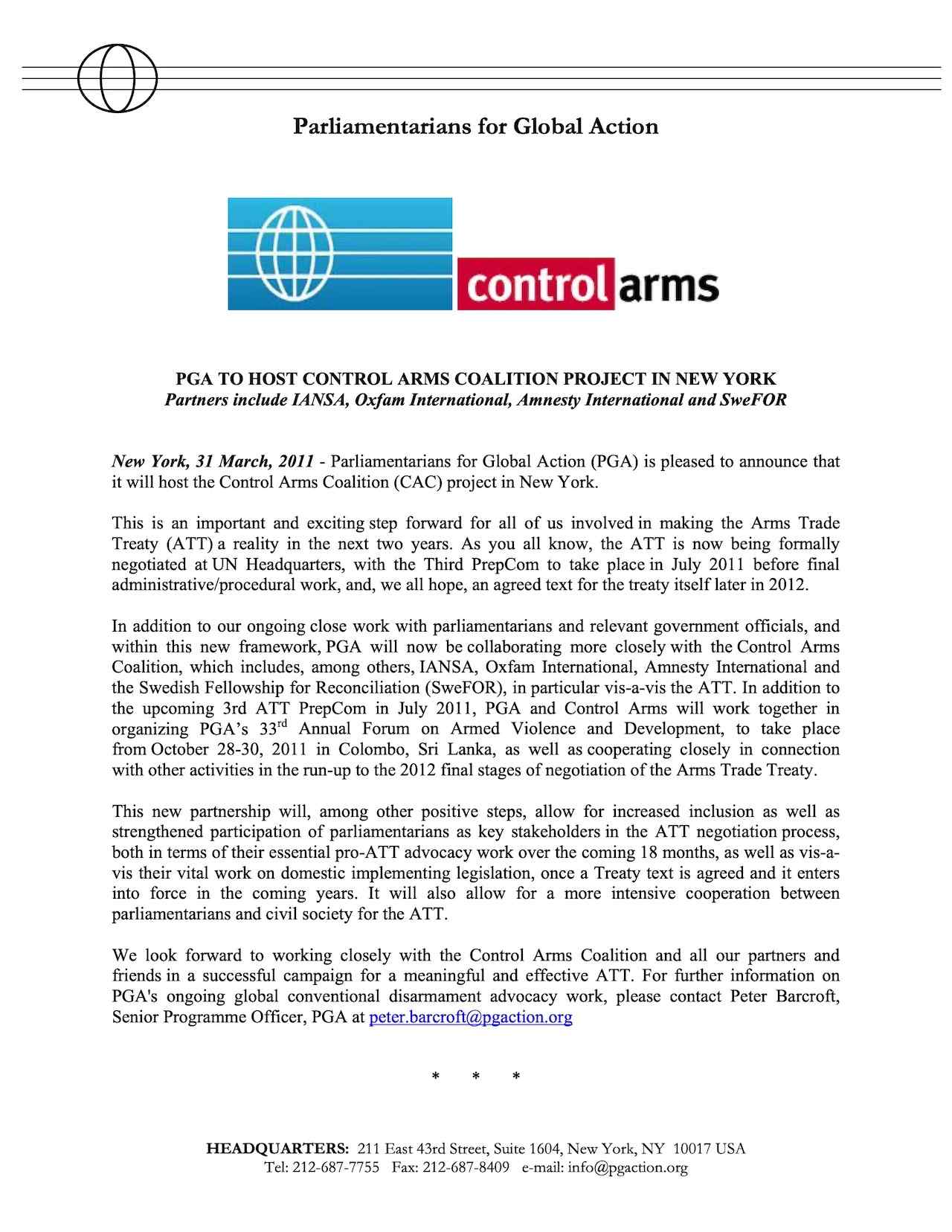 PGA to Host Control Arms Coalition Project in New York (Mar. 2011)