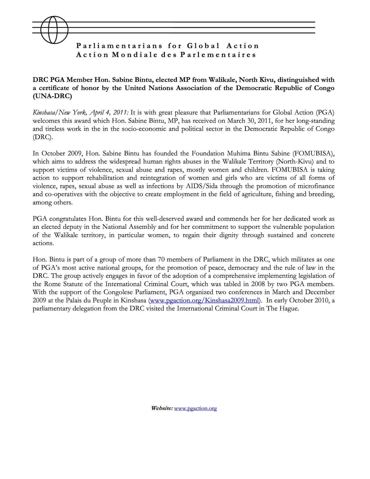 DRC PGA Member Hon. Sabine Bintu distinguished with a certificate of honor by the United Nations Association of the Democratic Republic of Congo (UNA-DRC)