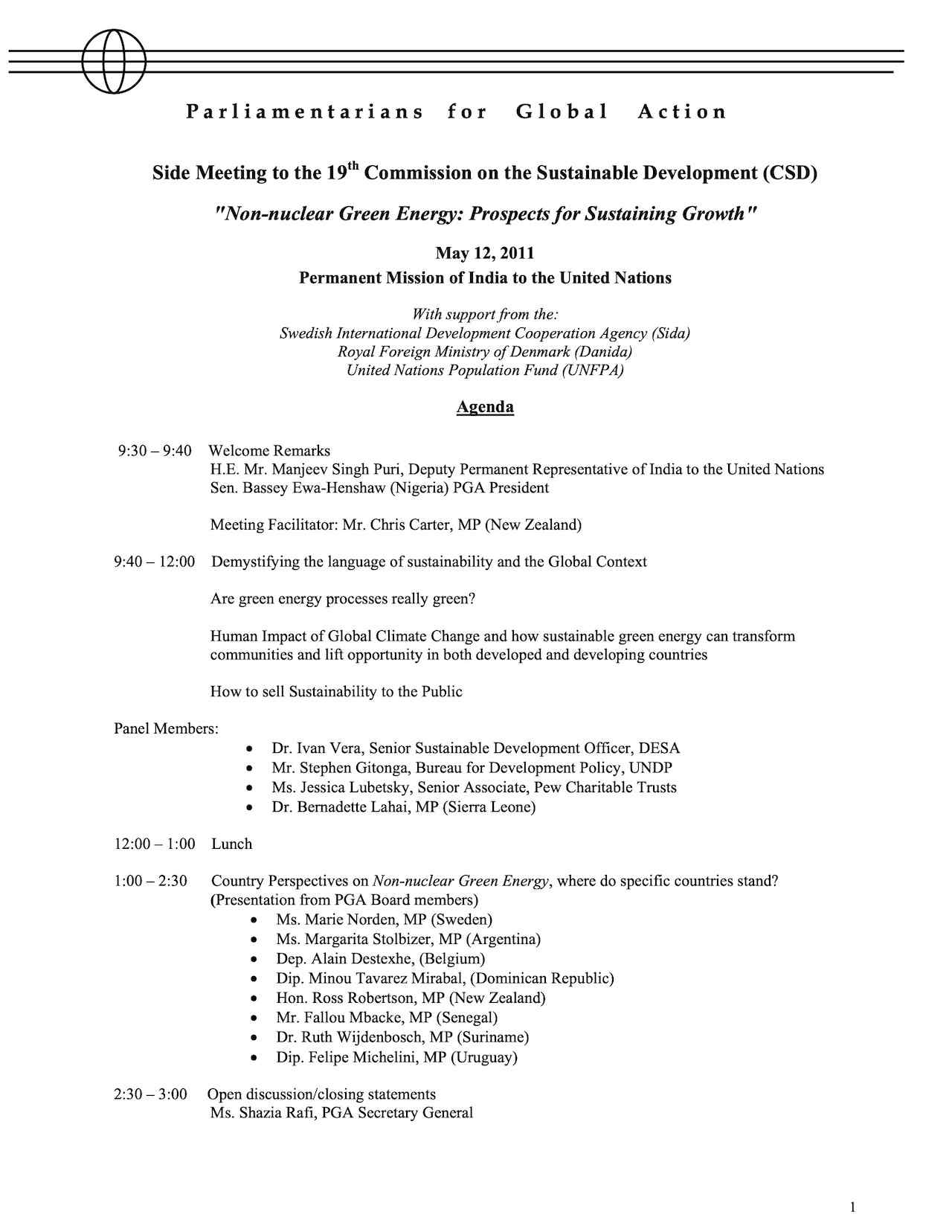 Agenda: Side Meeting to the 19th Commission on the Sustainable Development (CSD) (May 2011)