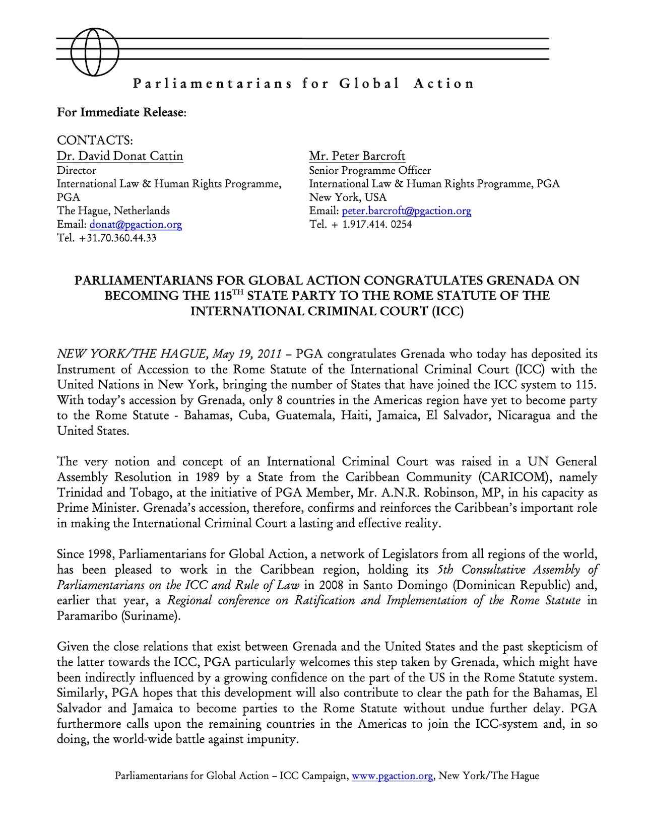 Grenada Becomes 115th State Party to the Rome Statute of the International Criminal Court