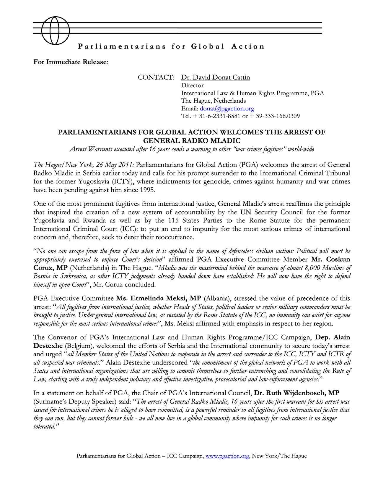 PGA Welcomes the Arrest of General Radko Mladic (May 2011)