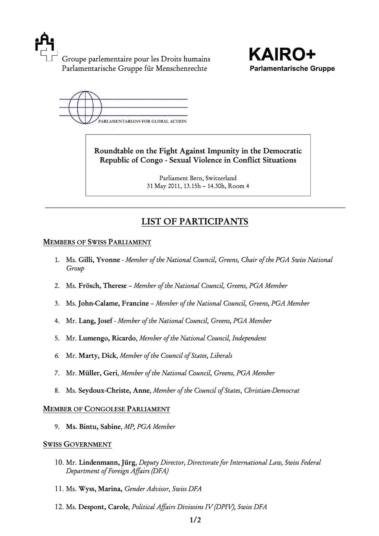 List of Participants: Roundtable on the Fight Against Impunity in the Democratic Republic of Congo - Sexual Violence in Conflict Situations