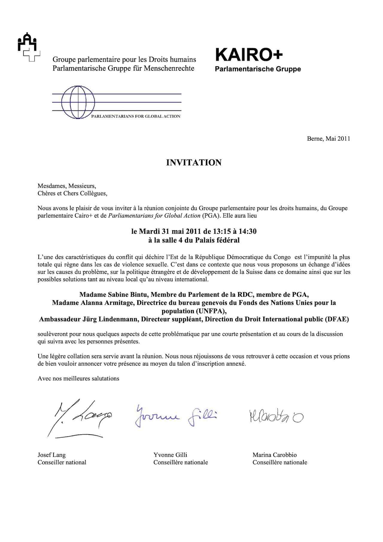 Invitation : réunion conjointe du Groupe parlementaire pour les droits humains, du Groupe parlementaire Cairo+