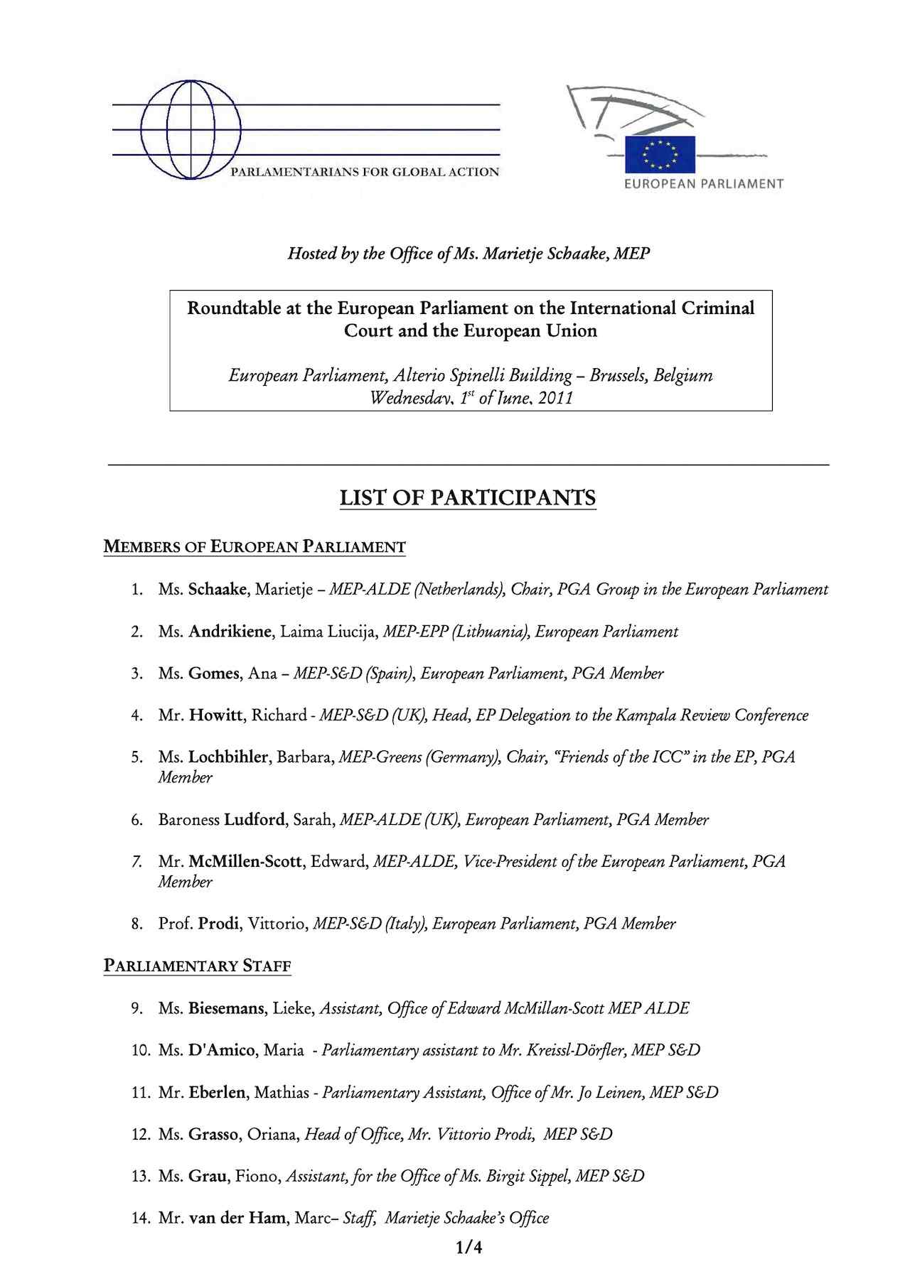 List of Participants: Roundtable at the European Parliament on the International Criminal Court and the European Union (Jun. 2011)