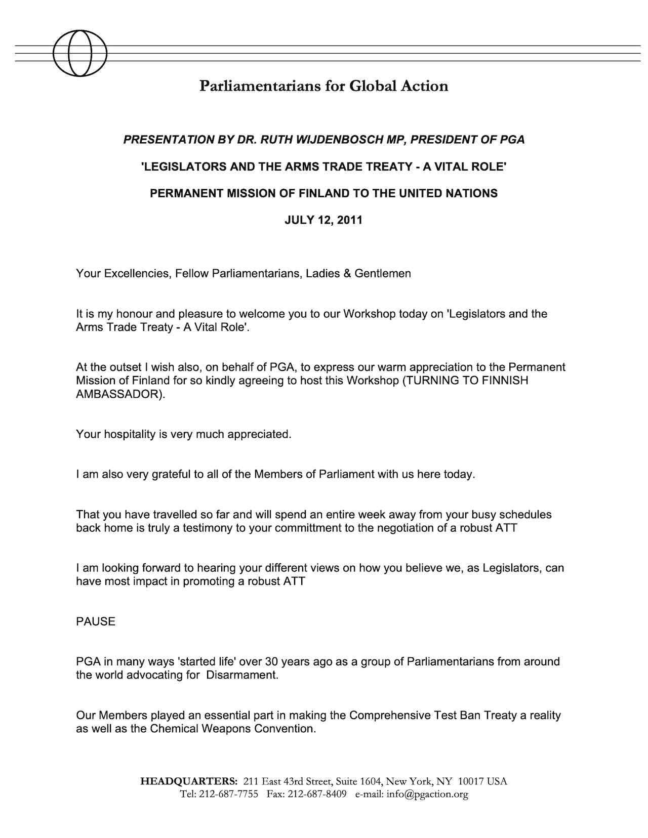 Speech: Legislators and the Arms Trade Treaty - A Vital Role - Dr. Ruth Wijdenbosch MP (Jul. 2011)