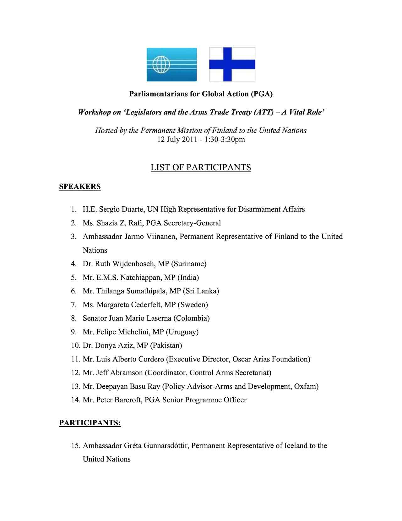 List of Participants: Workshop on 'Legislators and the Arms Trade Treaty (ATT) – A Vital Role'