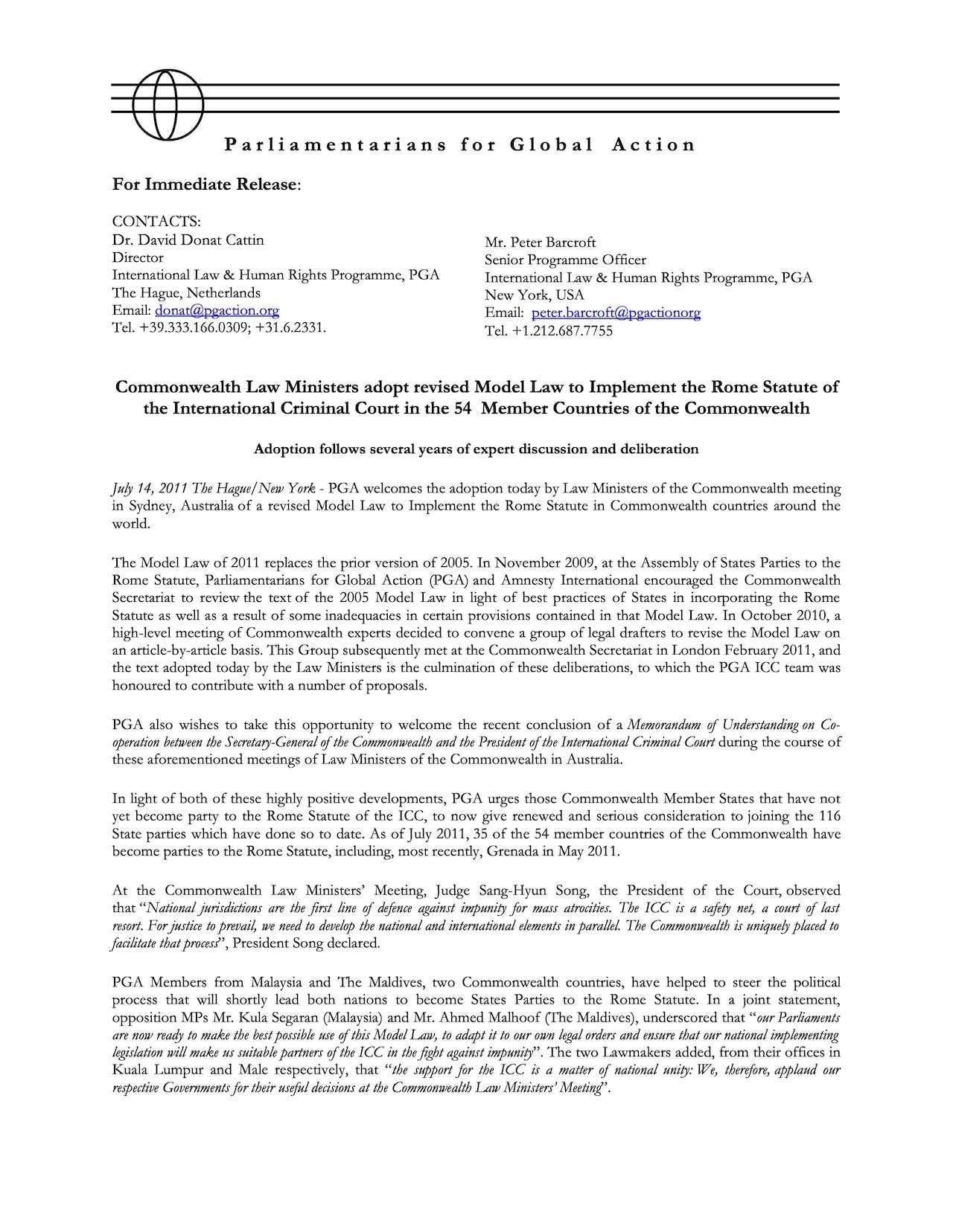 Commonwealth Law Ministers adopt revised Model Law to Implement the Rome Statute of the International Criminal Court in the 54 Member Countries of the Commonwealth