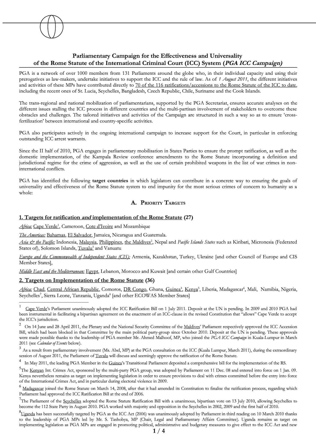 Calendar and Targets: PGA ICC Campaign (Aug. 2011)