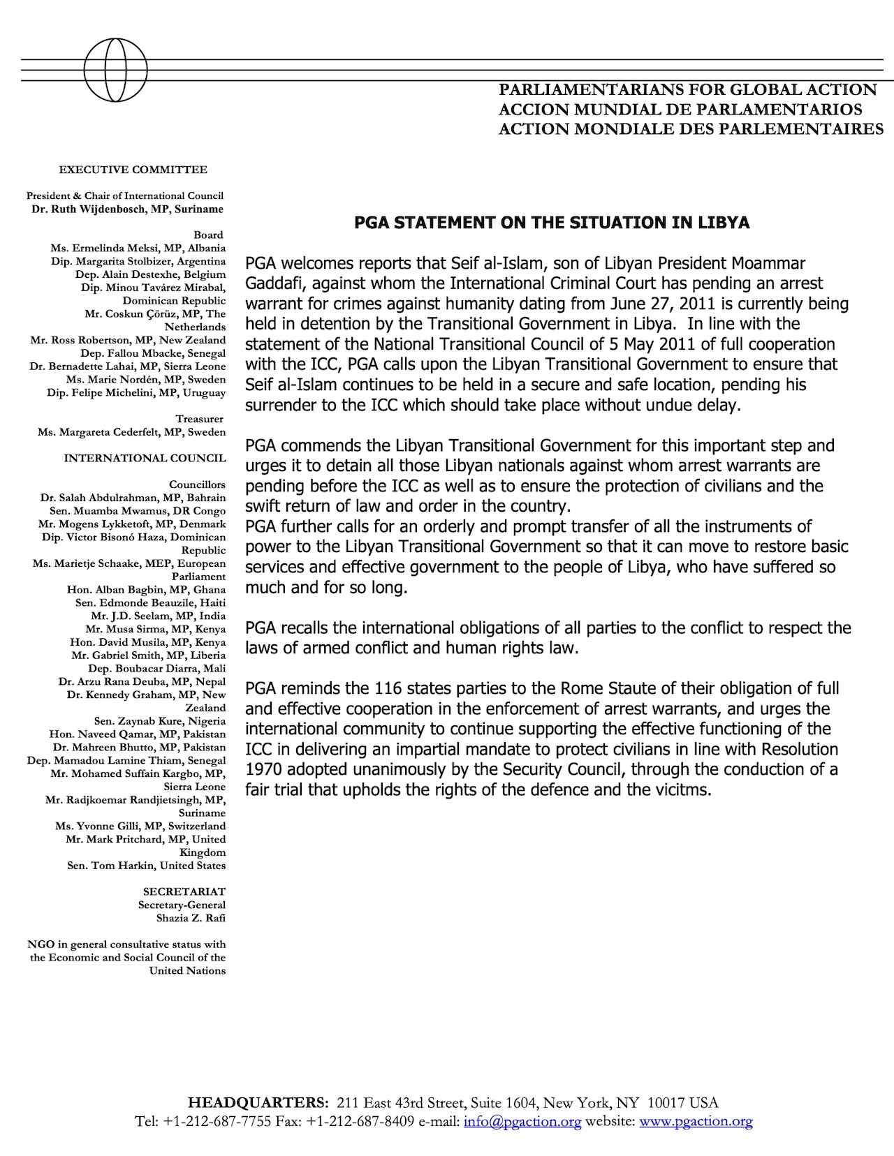 PGA Statement on the Situation in Libya