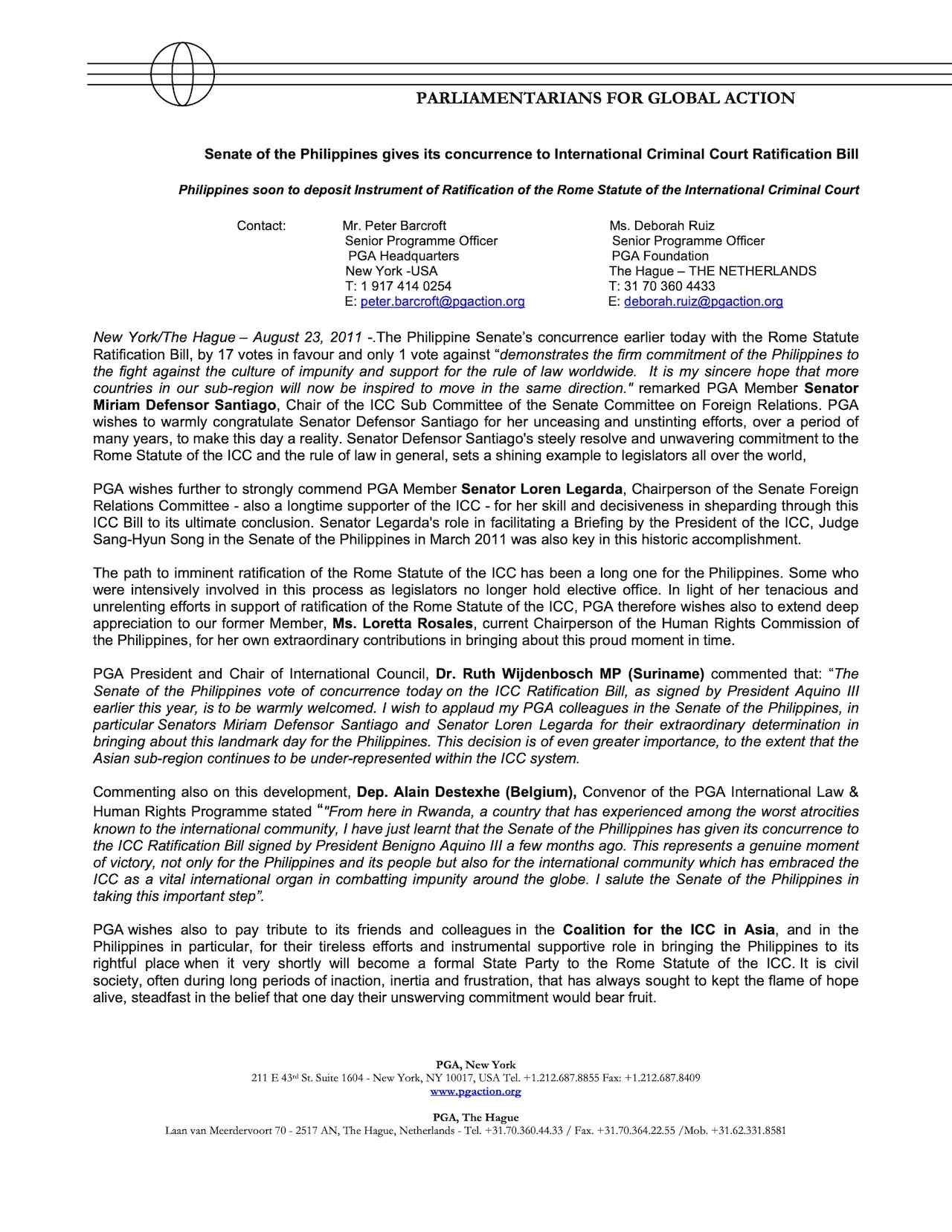 Senate of the Philippines gives its concurrence to International Criminal Court Ratification Bill