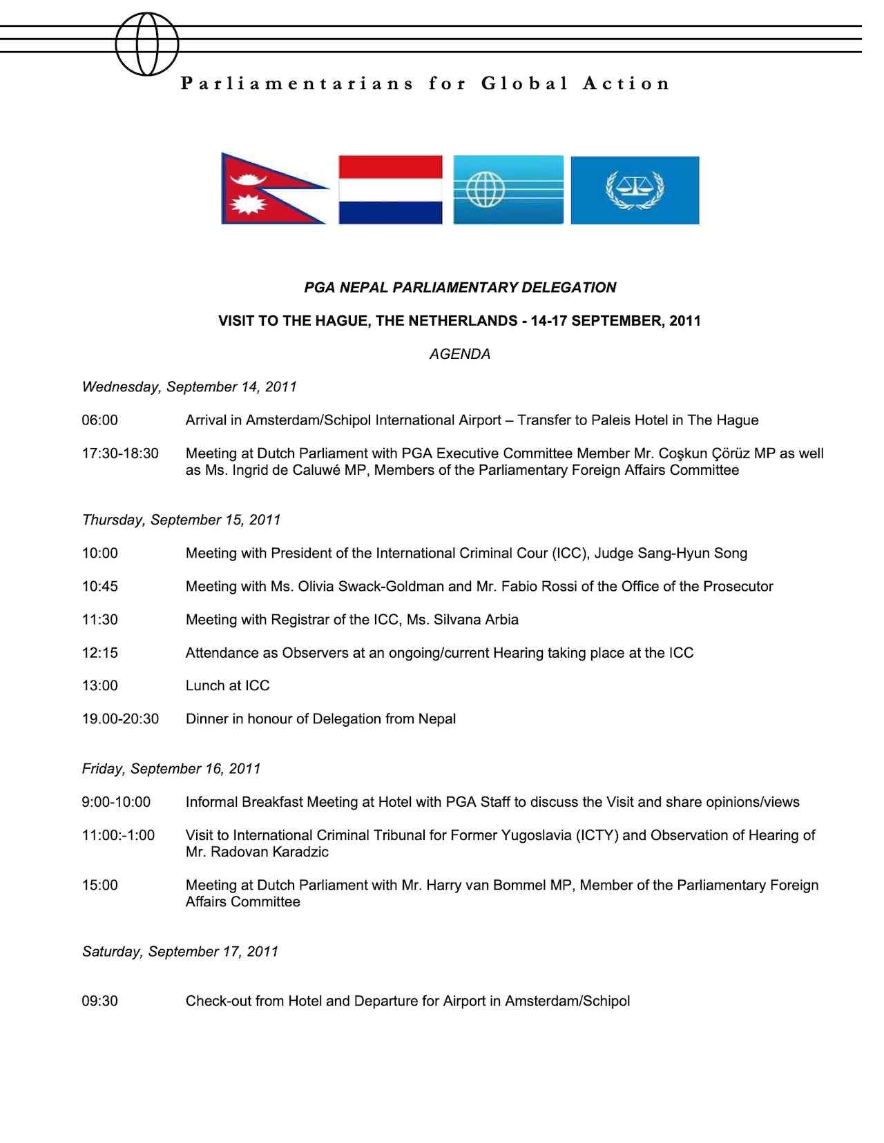 Agenda: PGA Nepal Parliamentary Delegation Visit to The Hague, Netherlands