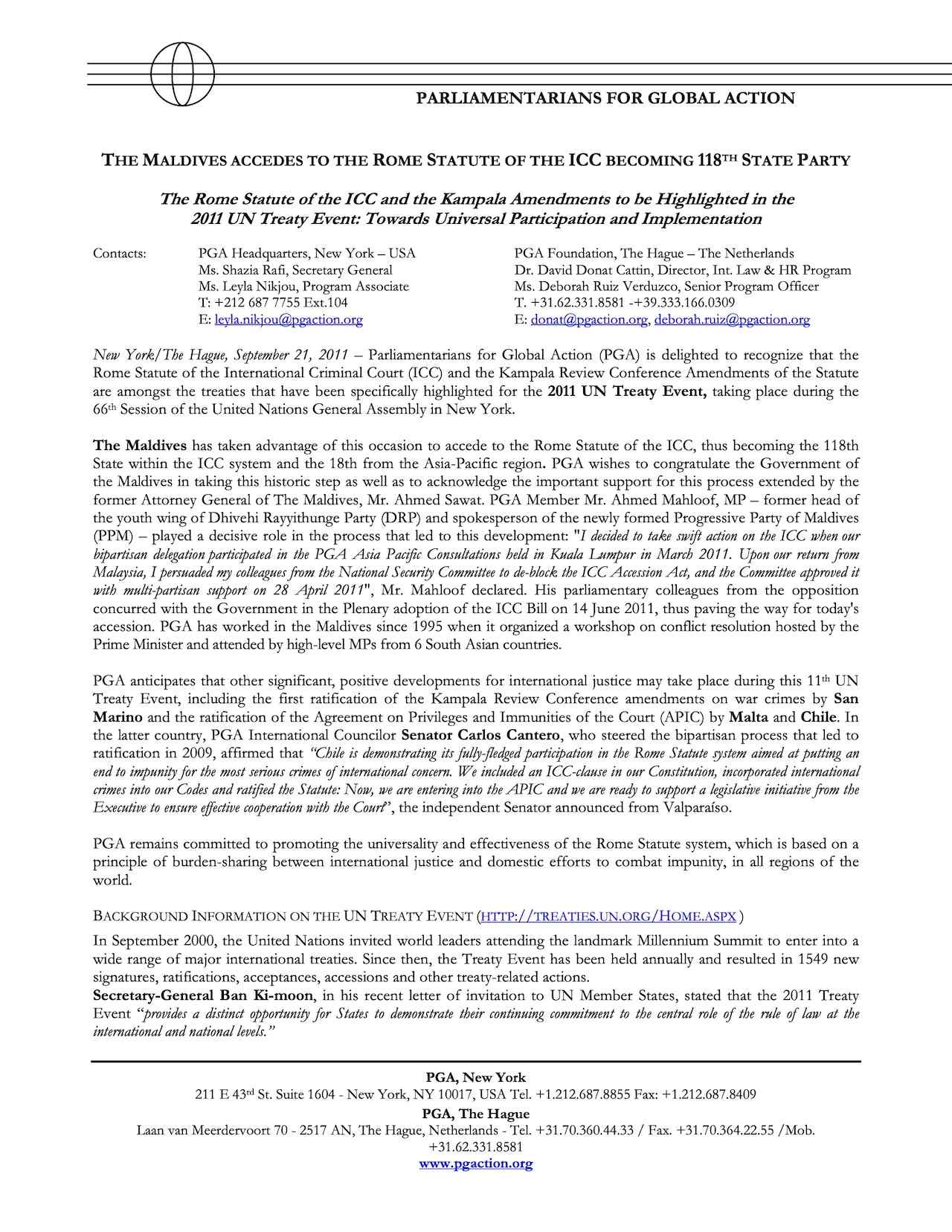 The Maldives Accedes to the Rome Statute of the ICC becoming 118th State Party