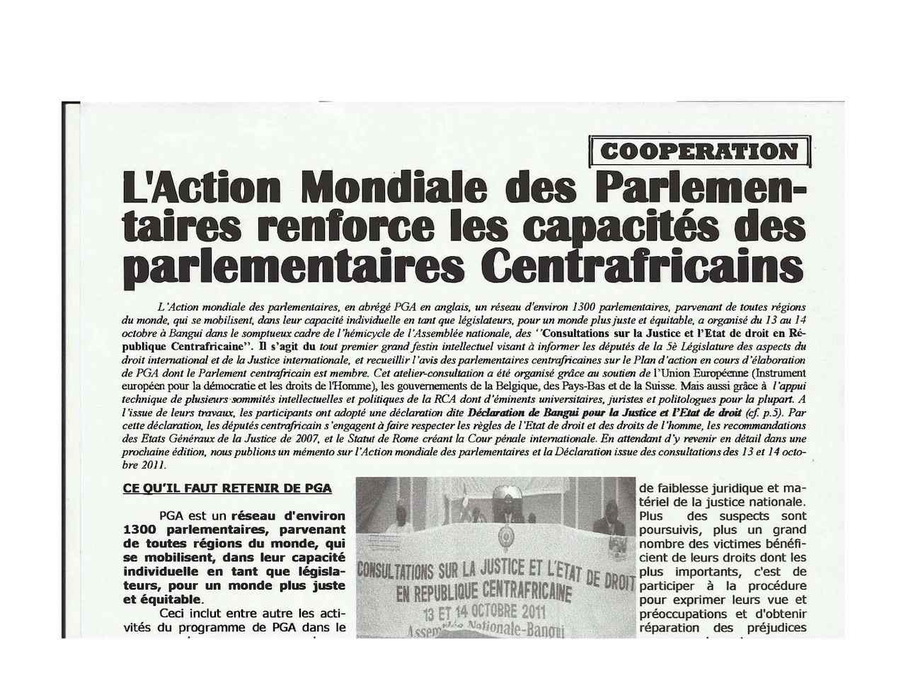 L'Action Mondiale des Parlementaires renforce les capacites des parlementaires centrafricains