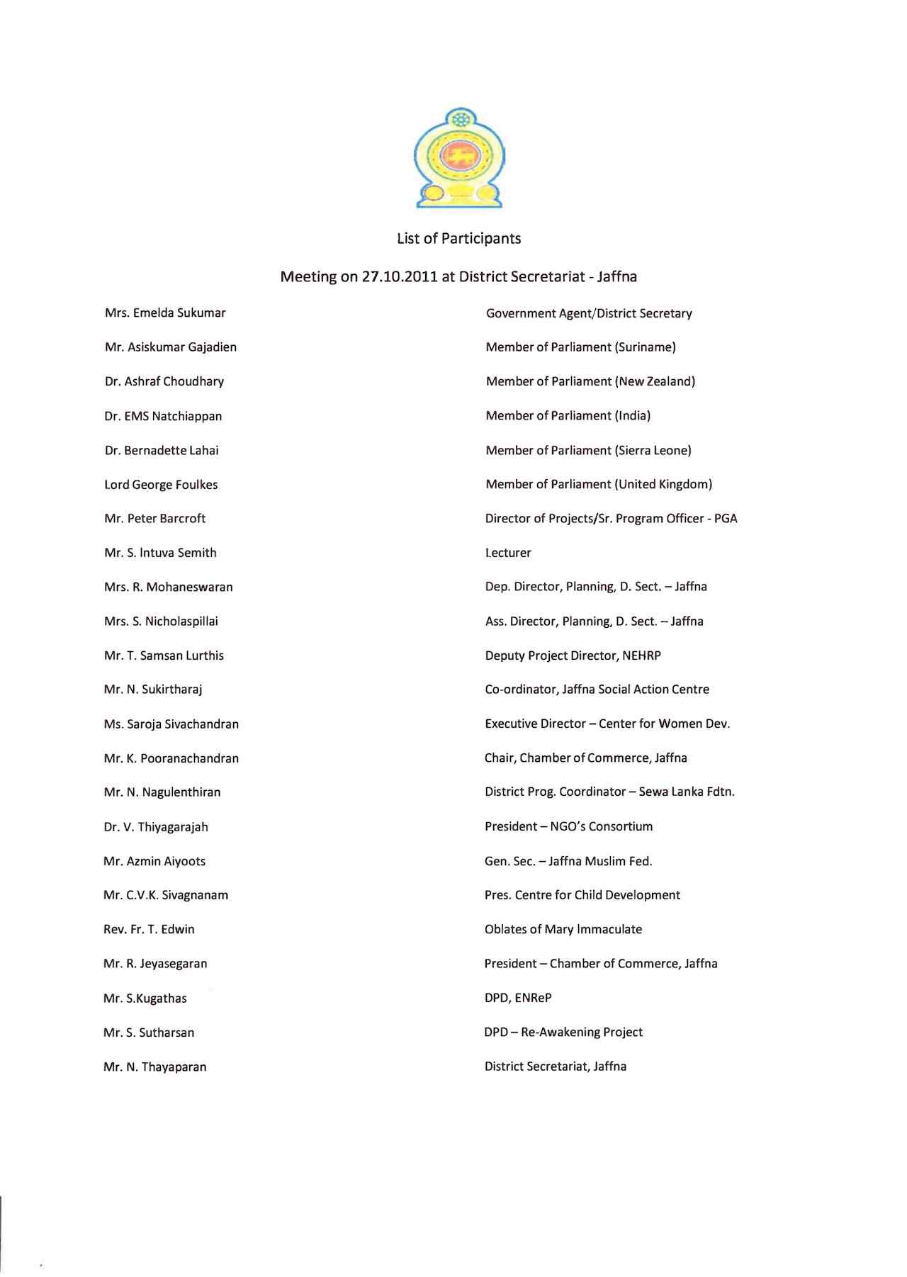 List of Participants: PGA Delegation Fact-Finding Field Excursion to Northern Sri Lanka (Oct. 2011)