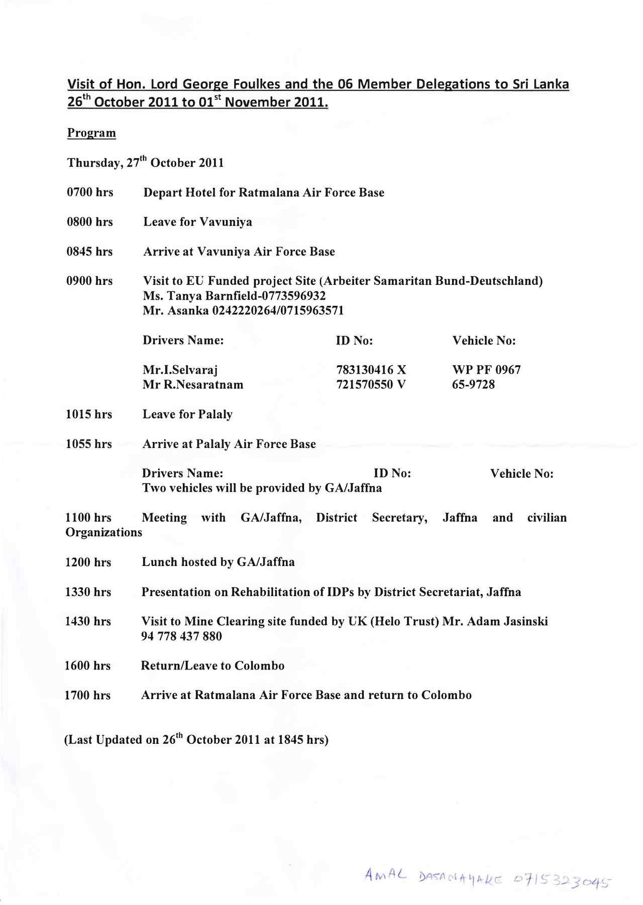 Agenda: Visit of Hon. Lord George Foulkes to Sri Lanka (Oct. 2011)