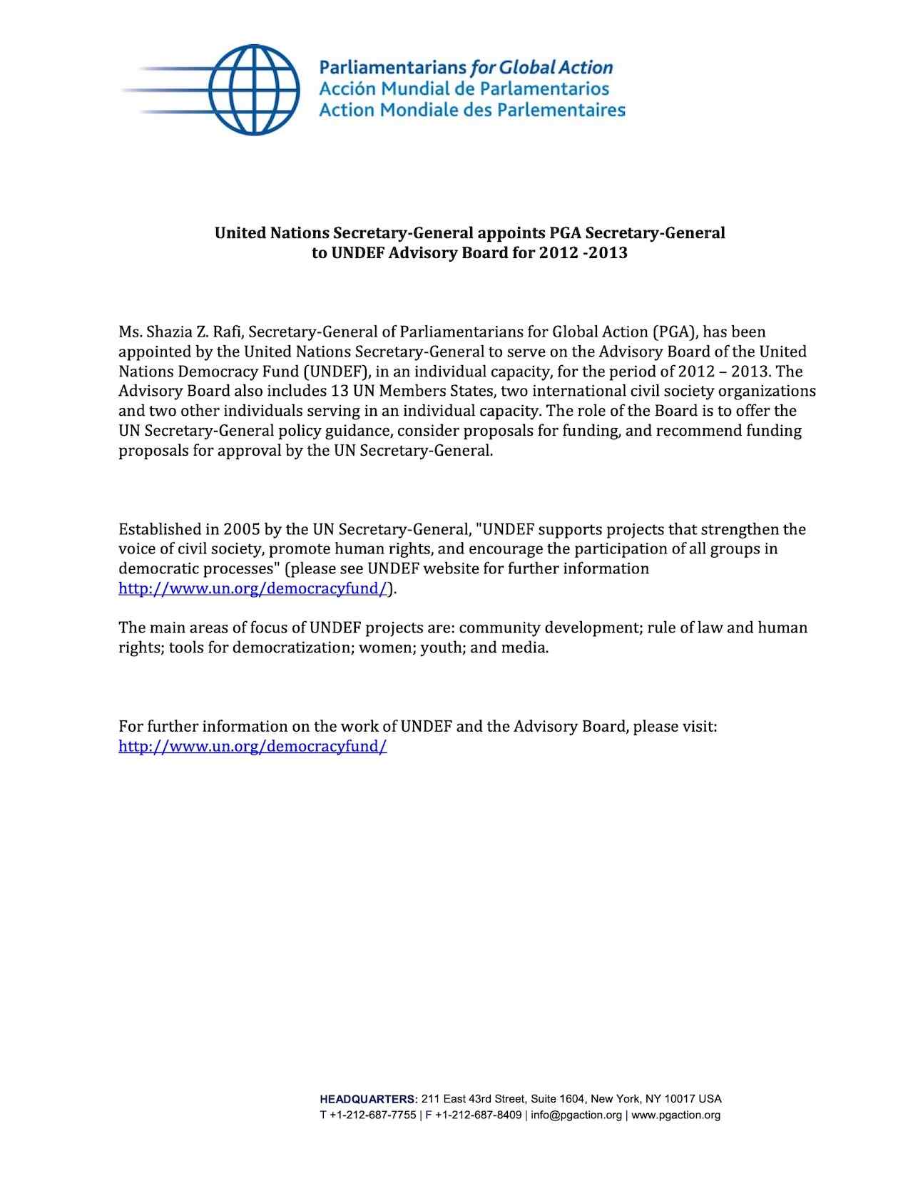 United Nations Secretary-General appoints PGA Secretary-General to UNDEF Advisory Board for 2012 -2013