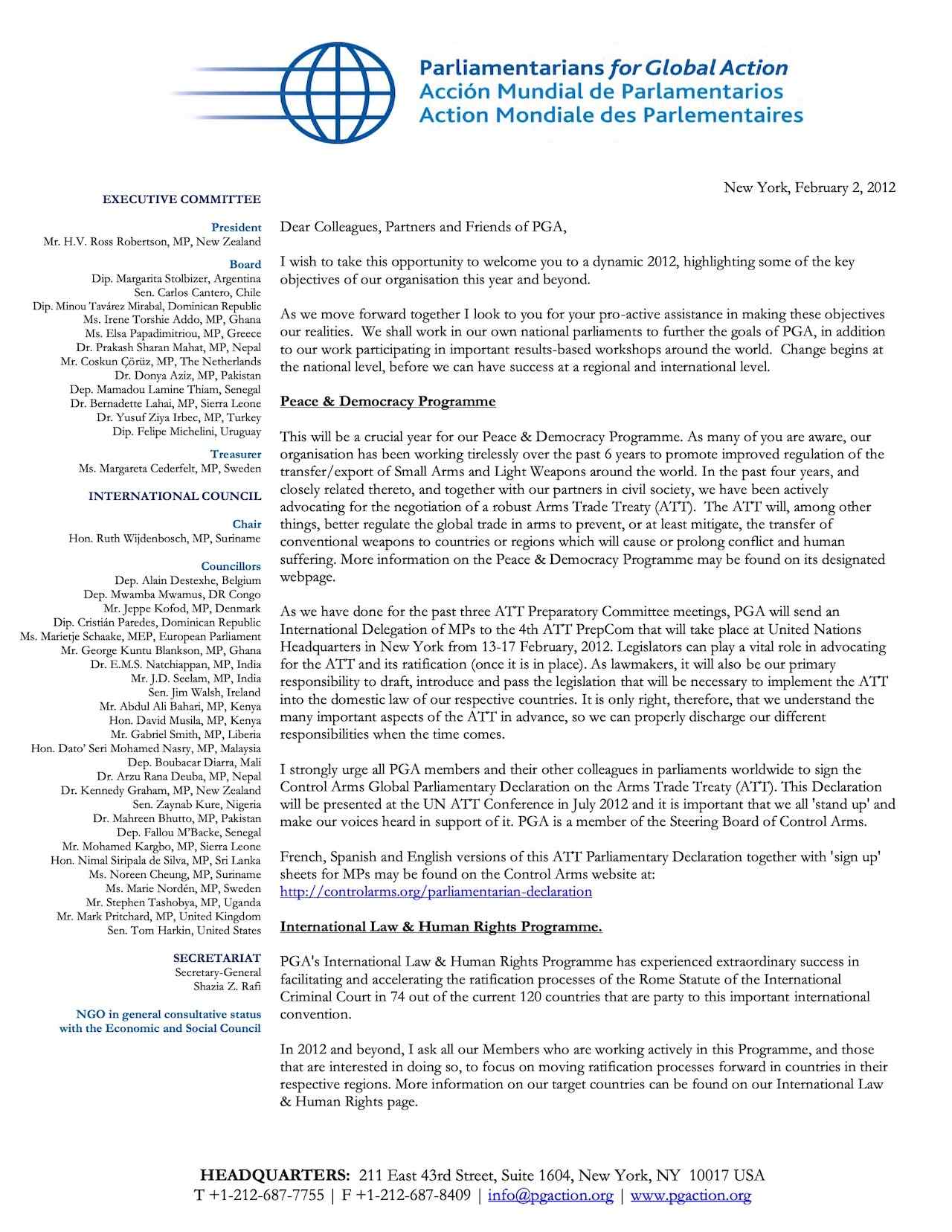 Letter of H.V. Ross Robertson MP to Colleagues, Partners and Friends of PGA (Feb. 2012)