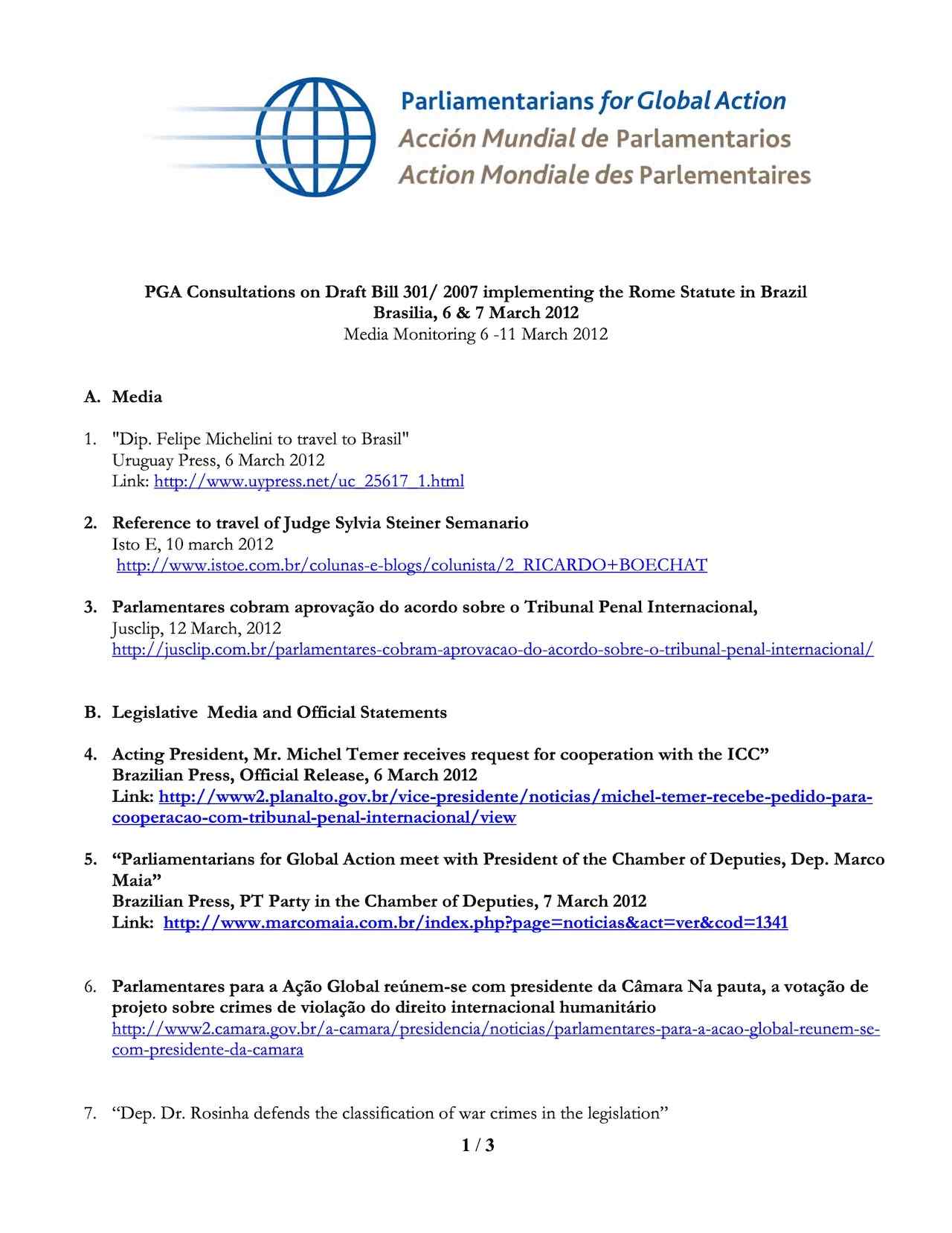 PGA Consultations on Draft Bill 301/ 2007 implementing the Rome Statute in Brazil (Press)