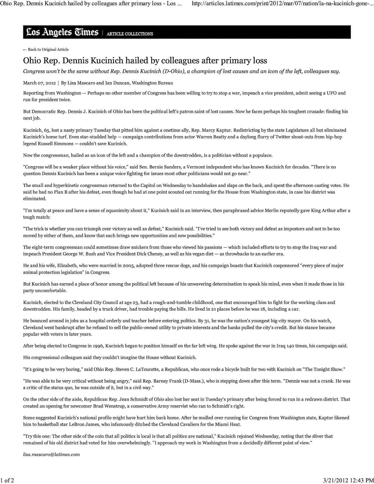 Ohio Rep. Dennis Kucinich hailed by colleagues after primary loss - Los Angeles Times