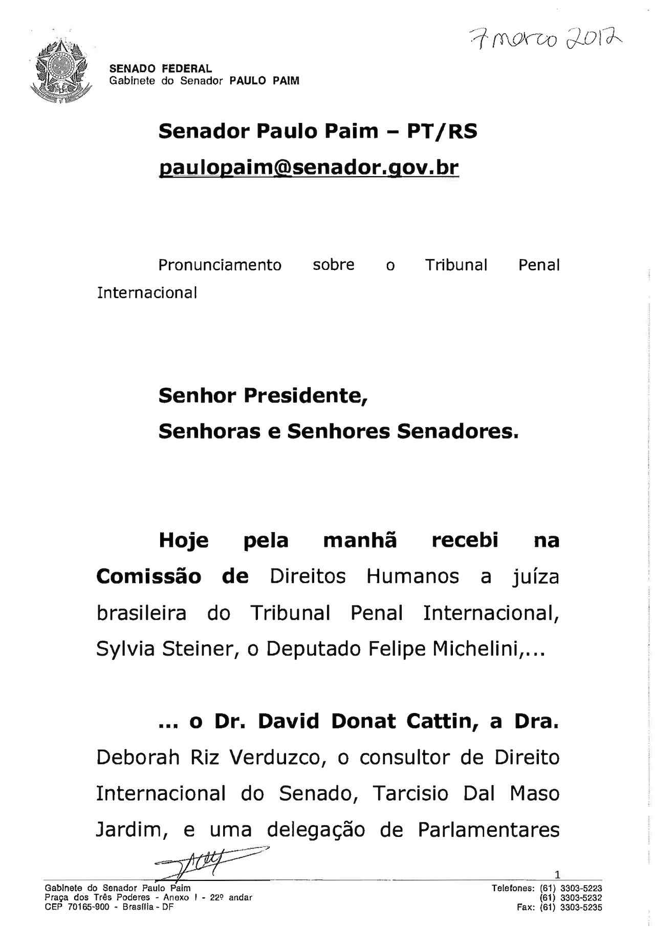 Speech by Senador Paulo Paim