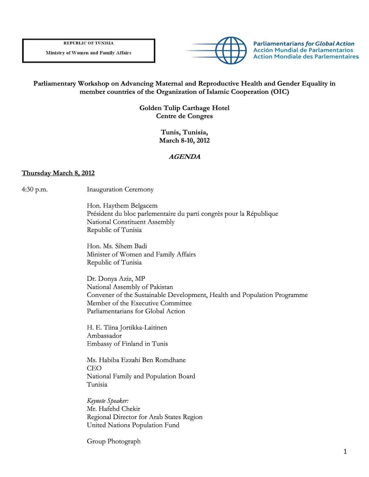 Agenda: Parliamentary Workshop on Advancing Maternal and Reproductive Health and Gender Equality in member countries of the Organization of Islamic Cooperation (OIC)