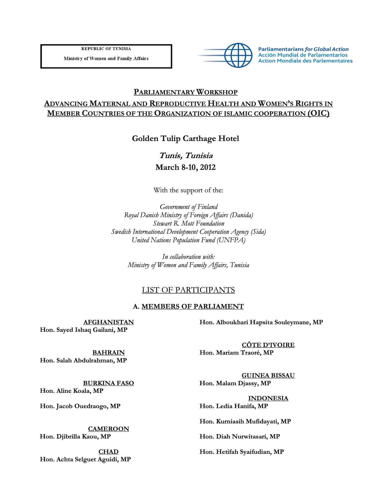 List of Participants: Parliamentary Workshop on Advancing Maternal and Reproductive Health and Women's Rights