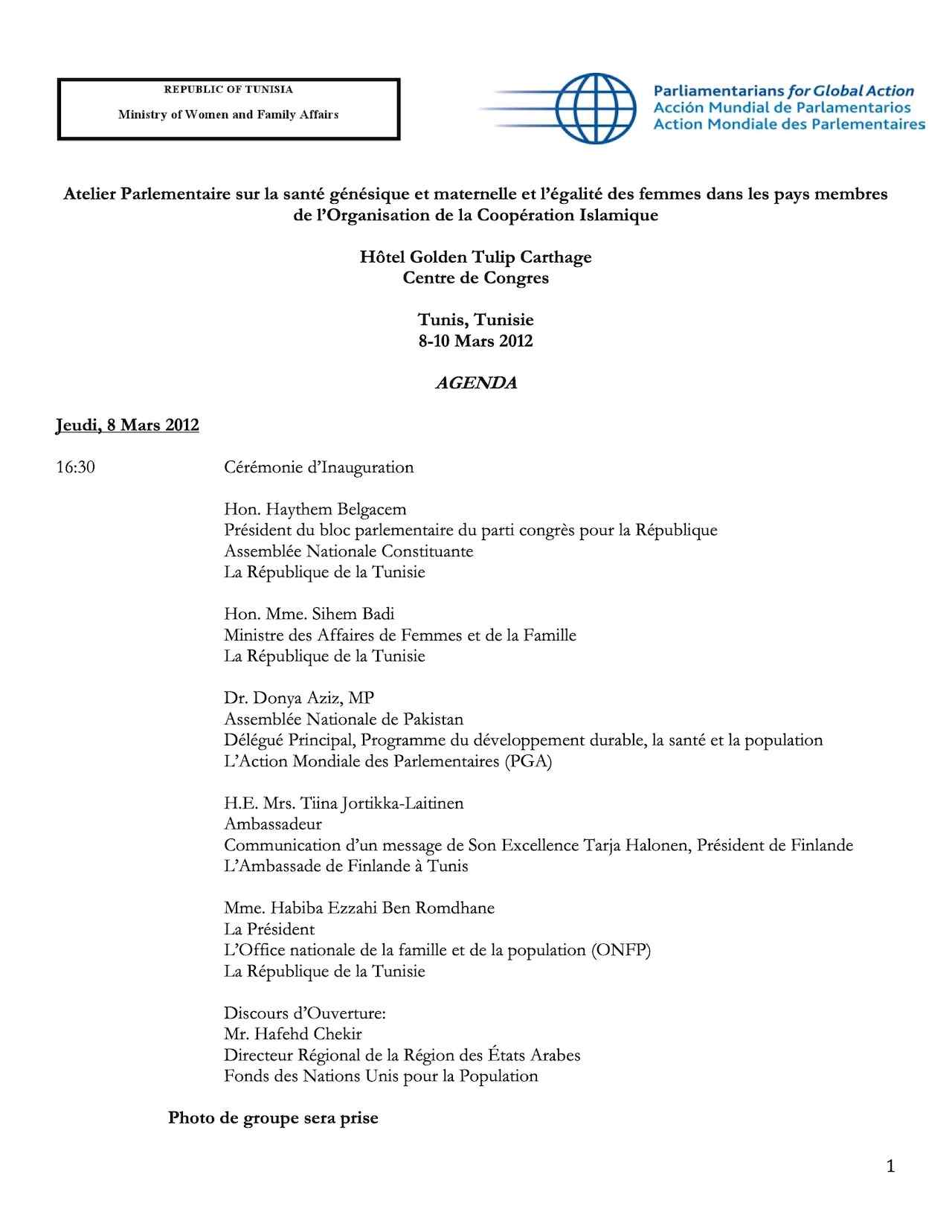 Agenda: Atelier Parlementaire sur la santé génésique et maternelle et l’égalité des femmes dans les pays membres de l’Organisation de la Coopération Islamique