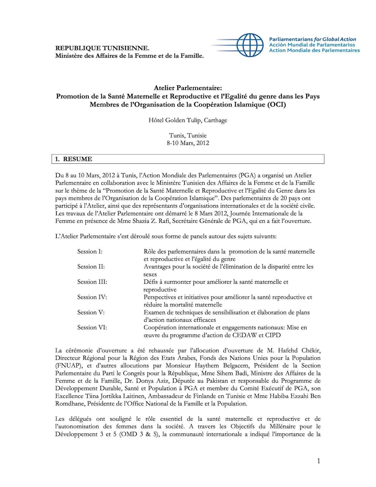 Atelier Parlementaire: Promotion de la Santé Maternelle et Reproductive et l’Egalité du genre dans les Pays Membres de l’Organisation de la Coopération Islamique (OCI)