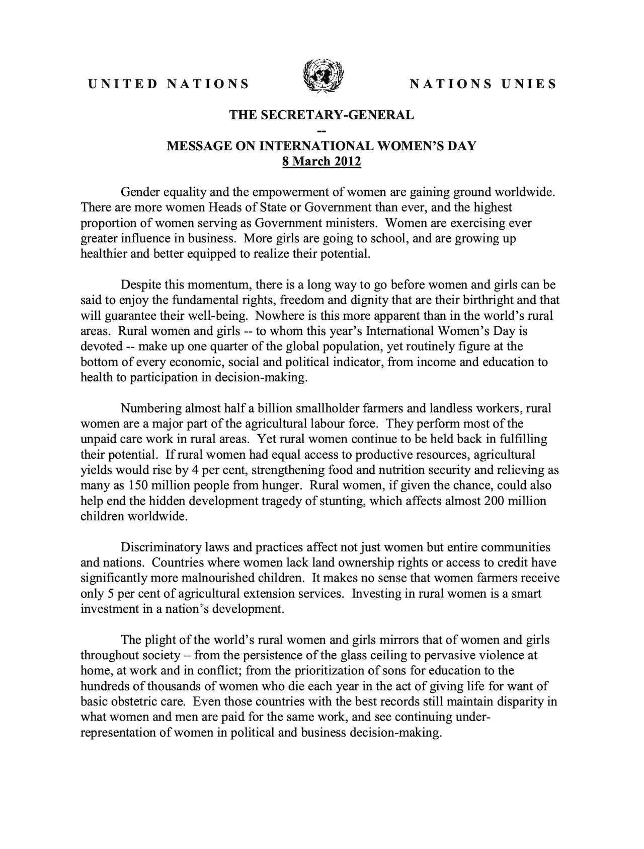 UN Secretary-General: Message on International Women's Day 2012