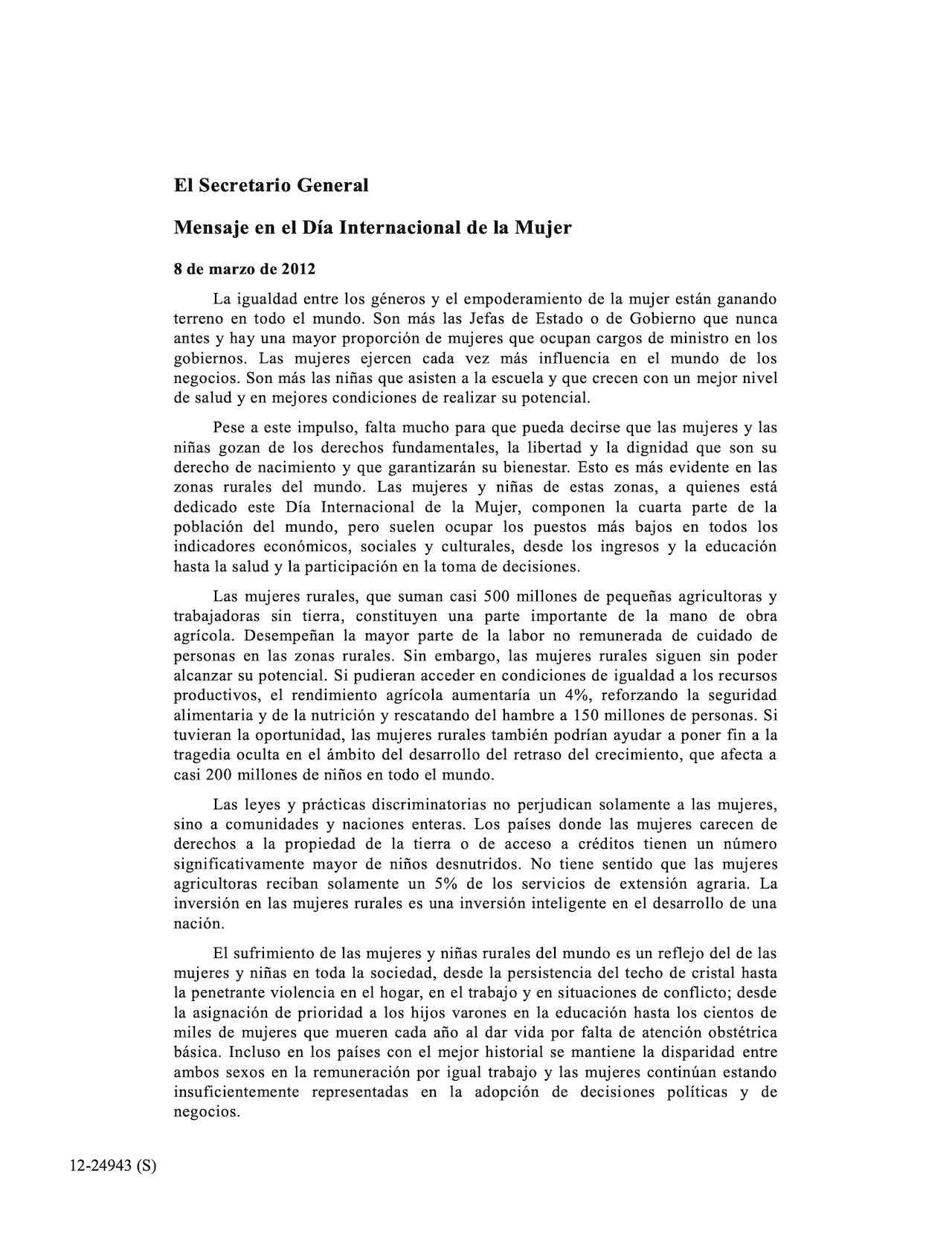El Secretario General: Mensaje en el Día Internacional de la Mujer