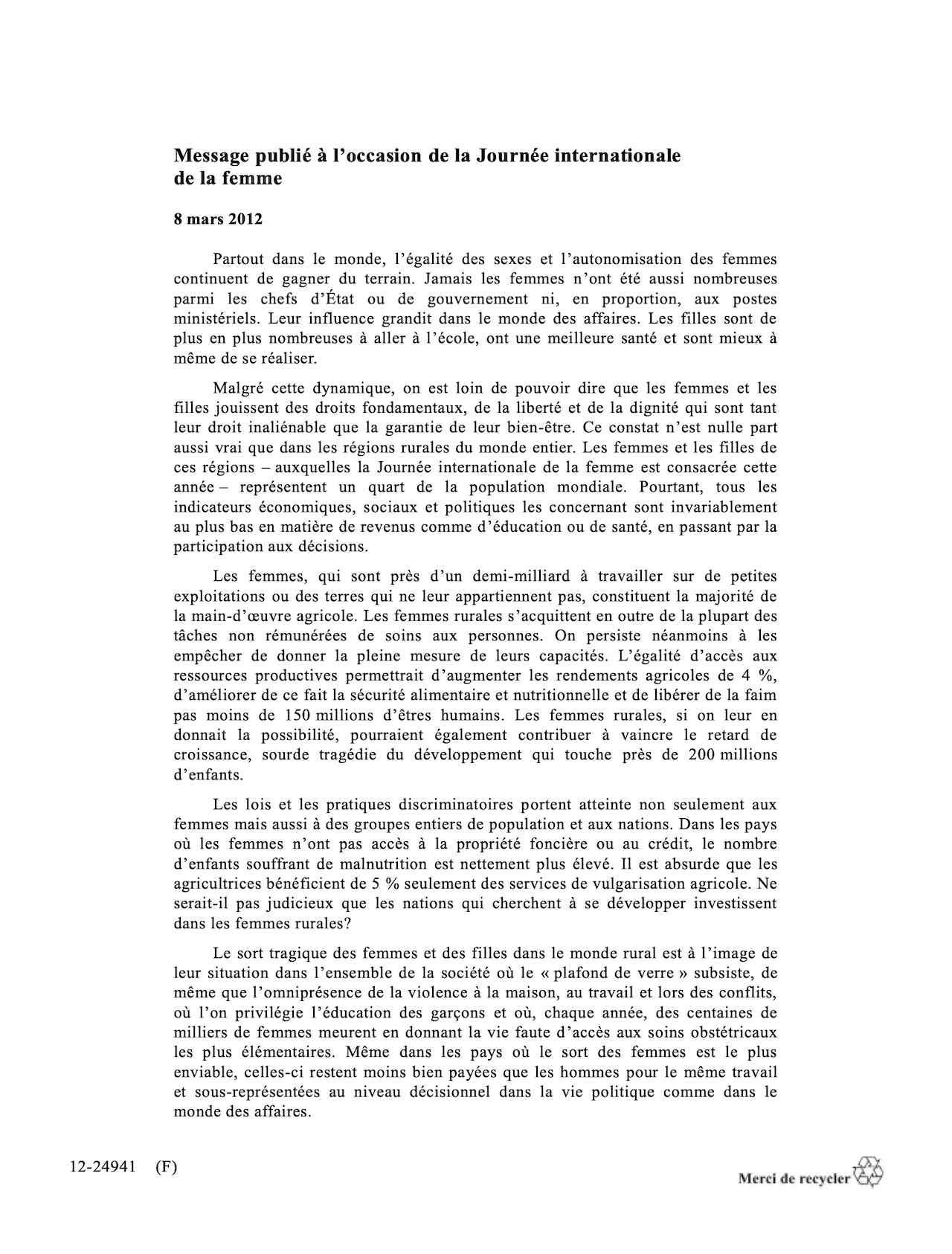 Message publié à l’occasion de la Journée internationale de la femme