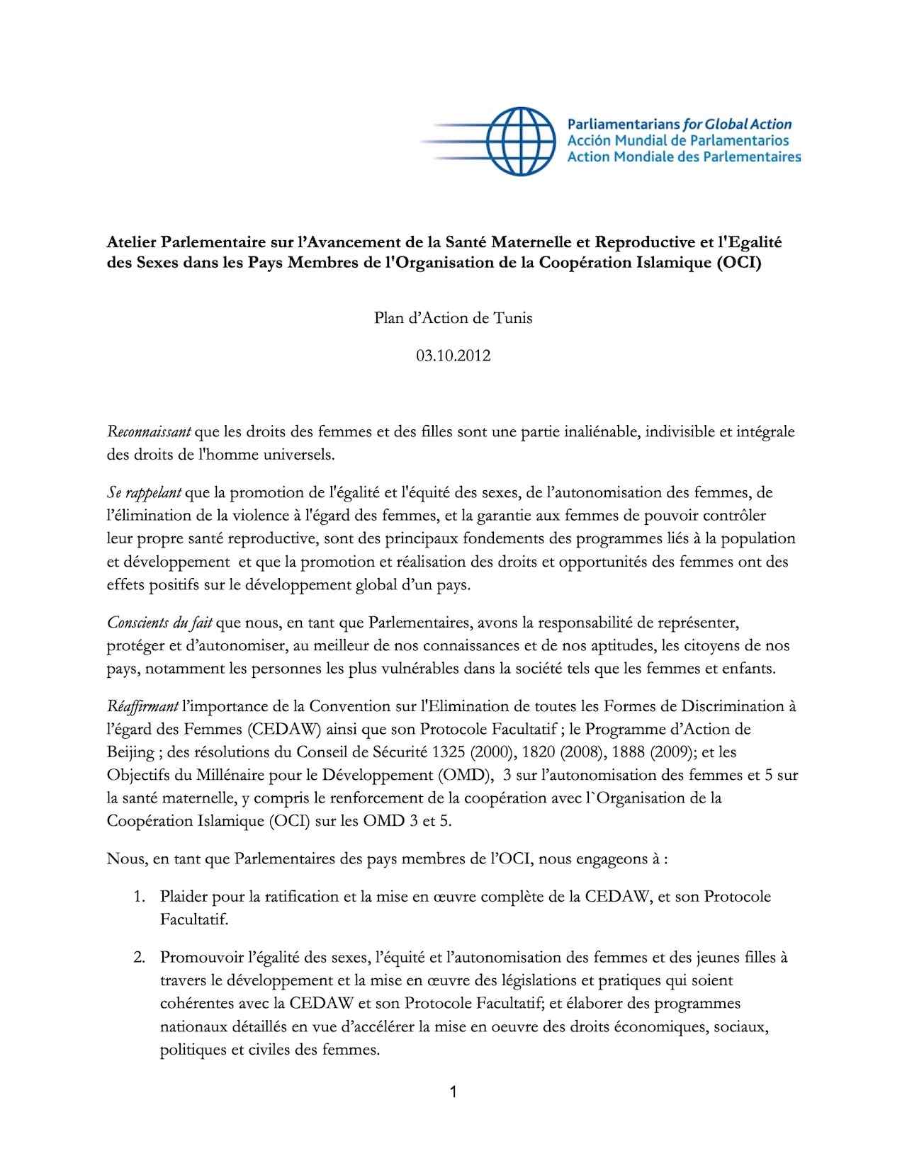 Plan d'Action de Tunis - Atelier Parlementaire sur l’Avancement de la Santé Maternelle et Reproductive et l'Egalité des Sexes dans les Pays Membres de l'Organisation de la Coopération Islamique (OCI)