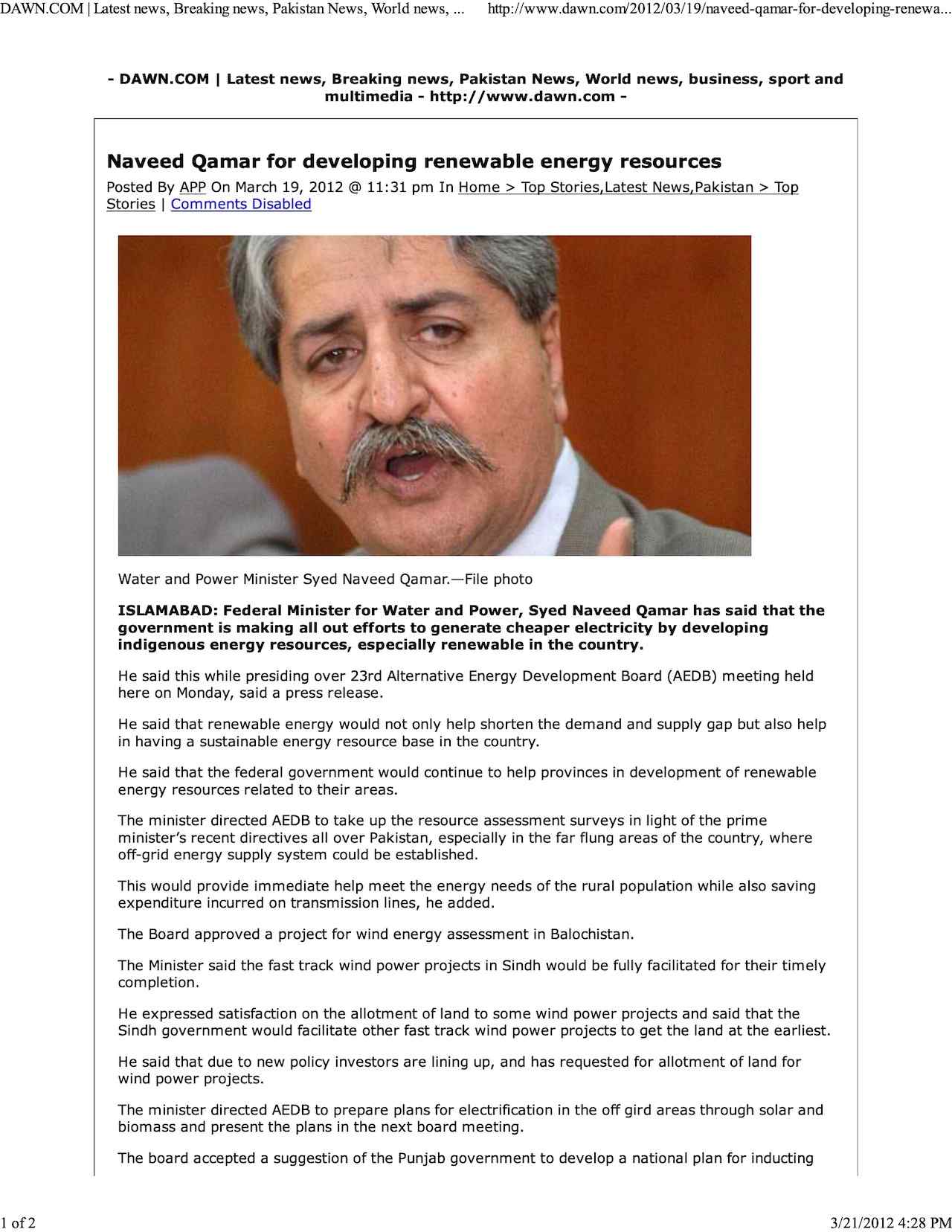 Naveed Qamar for developing renewable energy resources